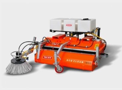 Pomarańczowa zamiatarka komunalna TALEX typ ECO CLEAN zawieszana na ciągniku i ładowarce