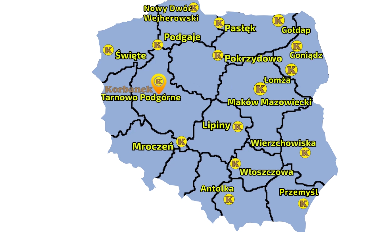 Mapa ukazująca punkty sprzeaży sieci Korbanek w Polsce