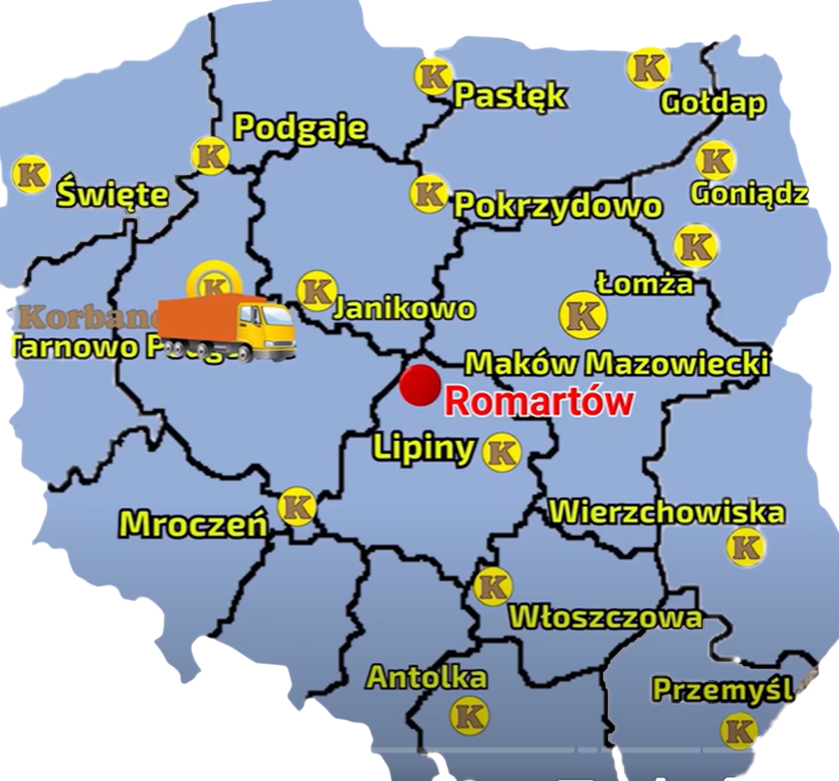 Mapa przedstawiajaca sieć sprzedazy Korbanek i miejscowośc, gdzie nastąpiła dostawa prasy do Klienta