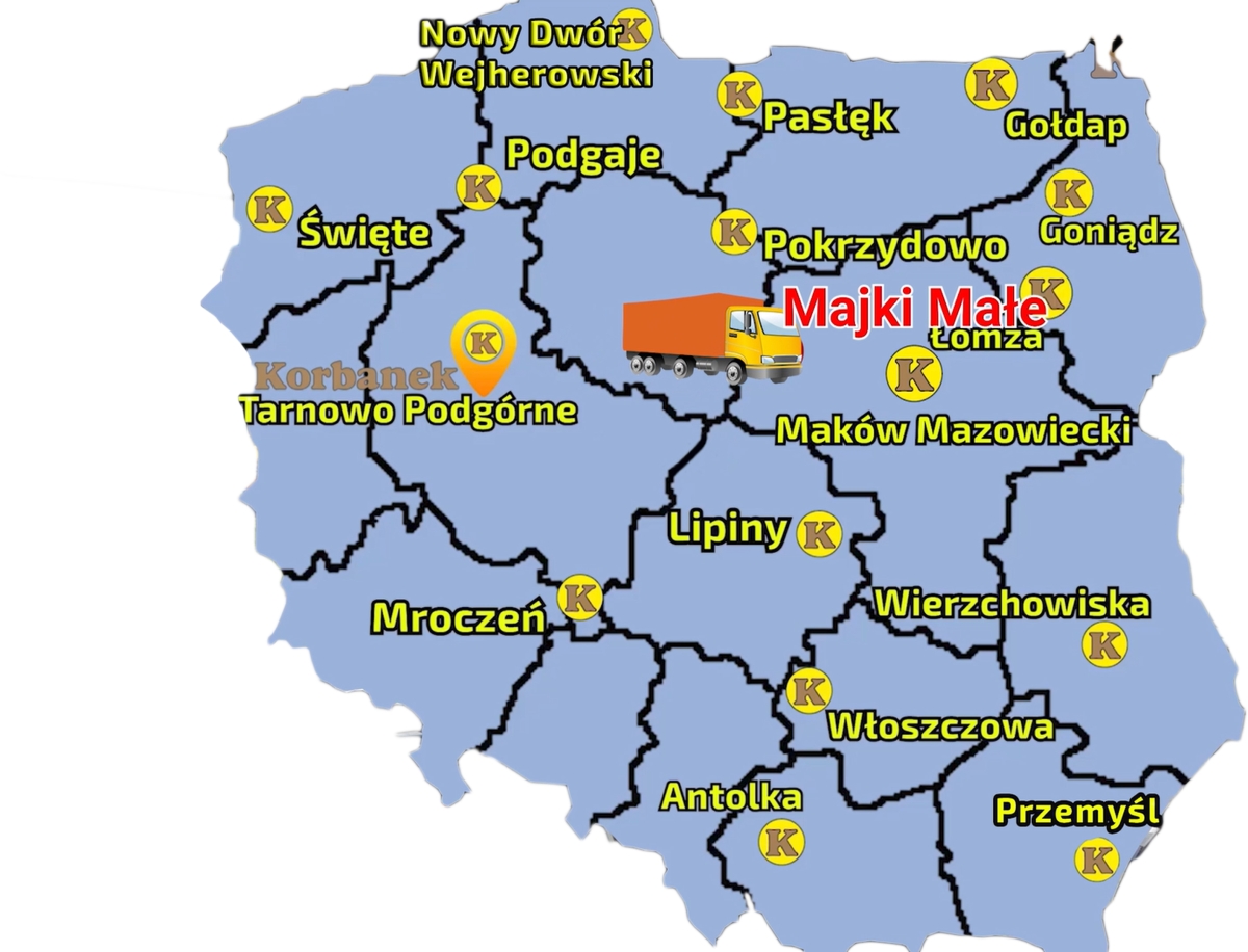 Mapa przedstawiajaca sieć sprzedaży Korbanek i miejscowośc gdzie do klienta został dostarczony Kepmer