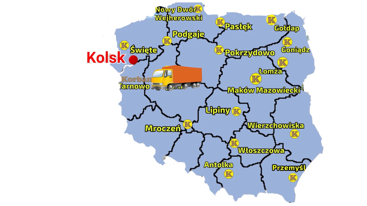 Mapa ukazująca punkty spprzedaży sieci Korbanek z zaznaczoną miejscowościa, gdzie zosał dostarczony ciagnik ARBOS 4090 z przetrząsaczem