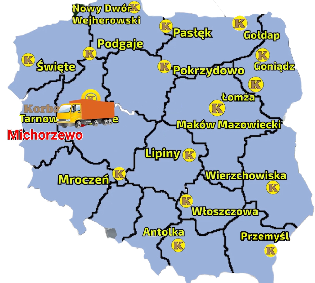 Mapa przedstawiająca pkt sprzedaży sieci Korbanek w Polsce i miesjcowośc, gdzie została dostraczona przyczepa Bergmann GTW