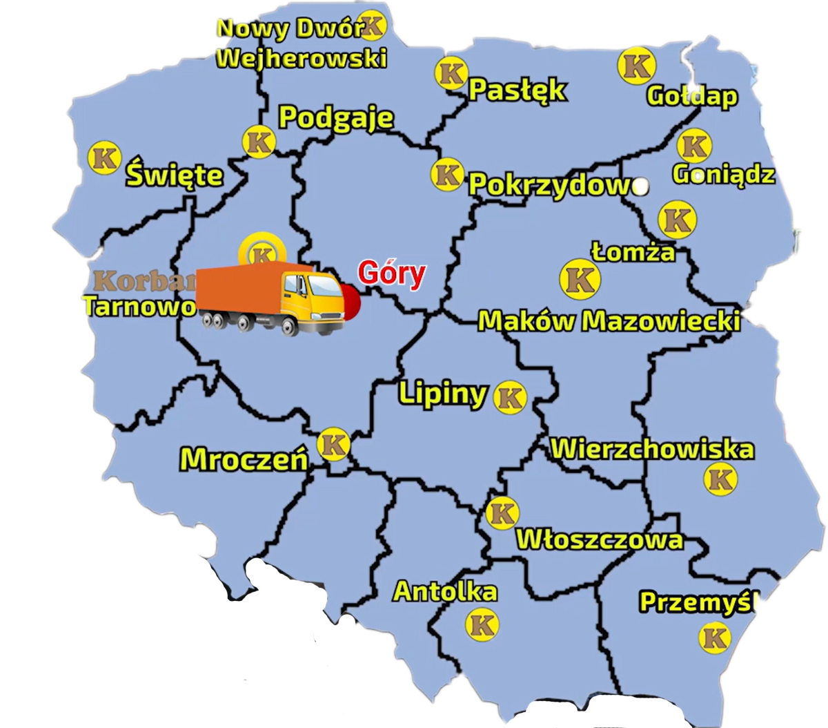 Mapa z zaznaczoną miesjcowością gdzie została dostarczona przyczepa PBN do firmy Jakom