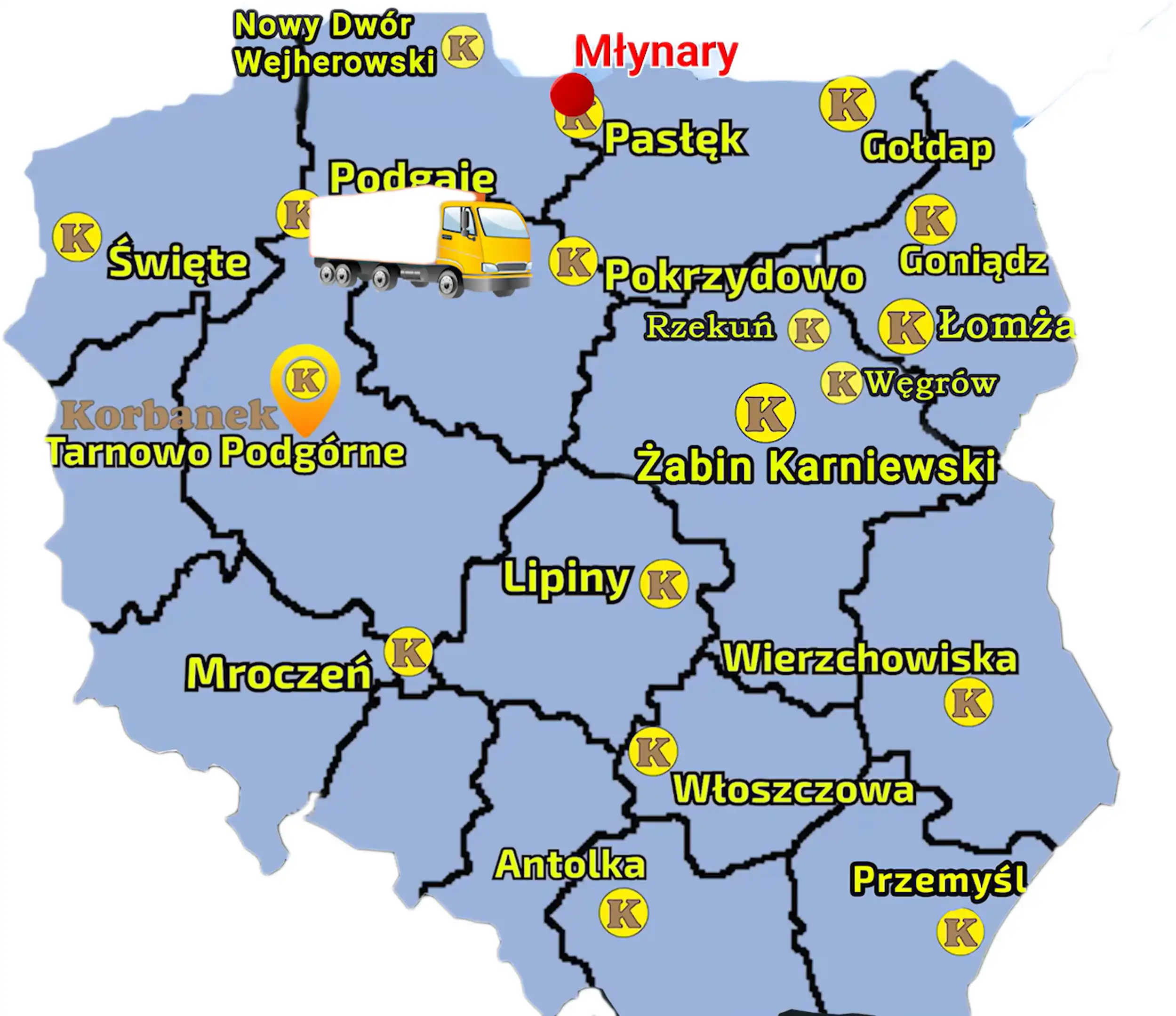 Mapa Poslki z zanzcaonymi punktami sprzedaży sieci Korbanek i miejscowością gdzie do Klientki został dostarczony traktor Aupax