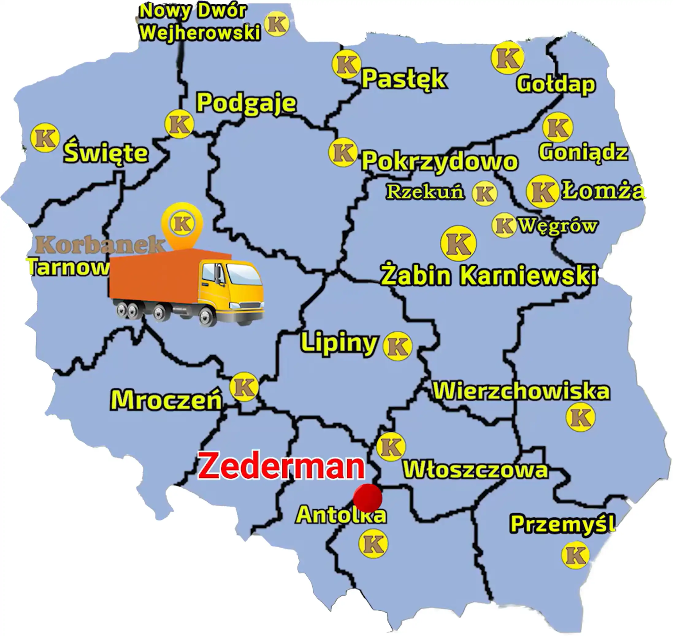 Mapa zawierająca punkty sprzedaży sieci Korbanek i miejscowość, gdzie do Klienta został dostarczony ciągnik Aupax