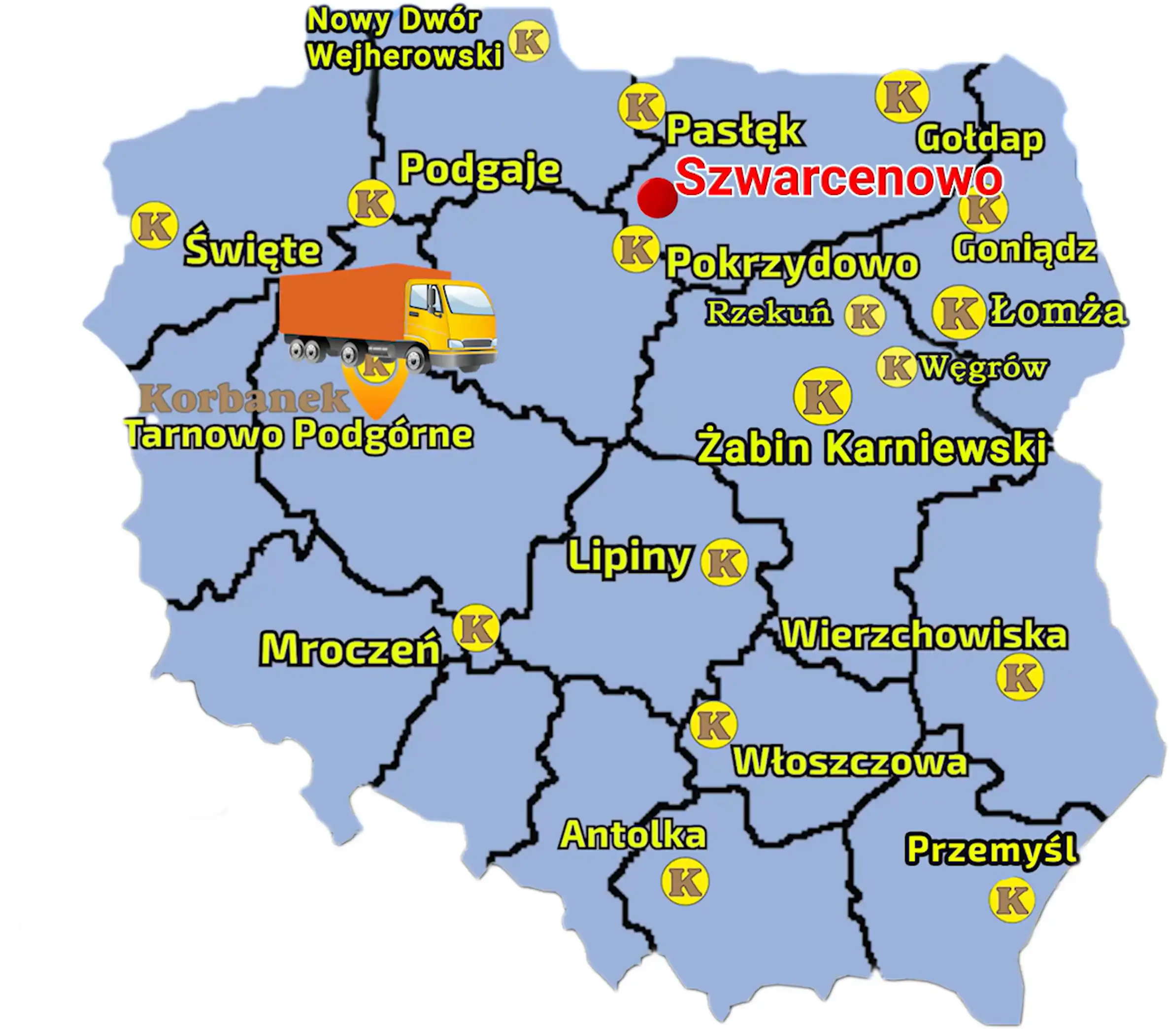 Mapa ukazujaca sieć sprzedaży firmy Korbanek w Polsce i miejscowość, gdzie do Klienta została dostarczona maszyna SIP