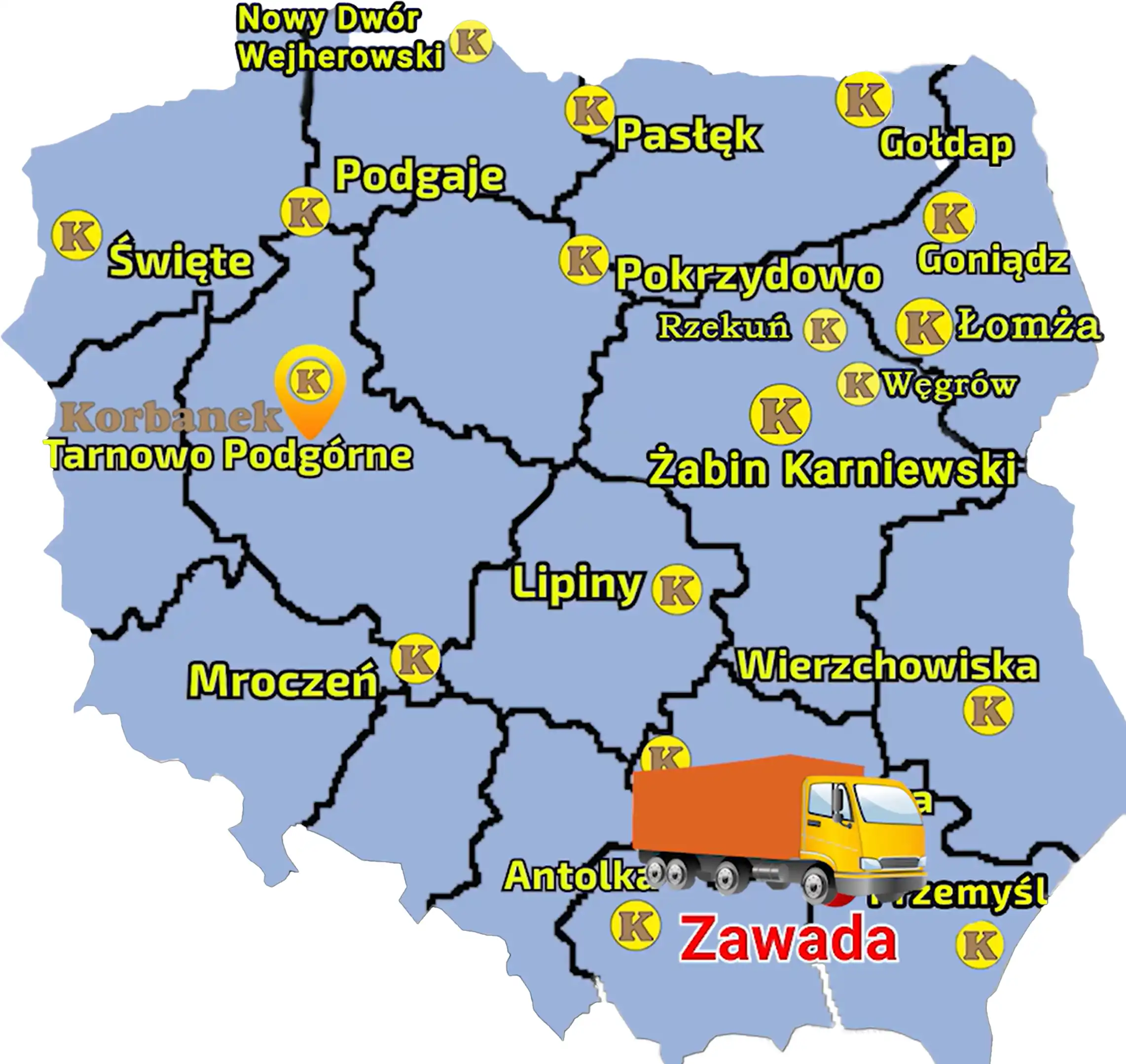 Mapa przedstawiająca punkty sprzedaży sieci Korbanek i miejscowość, gdzie do Klienta został dotarczony ciągnik Aupax