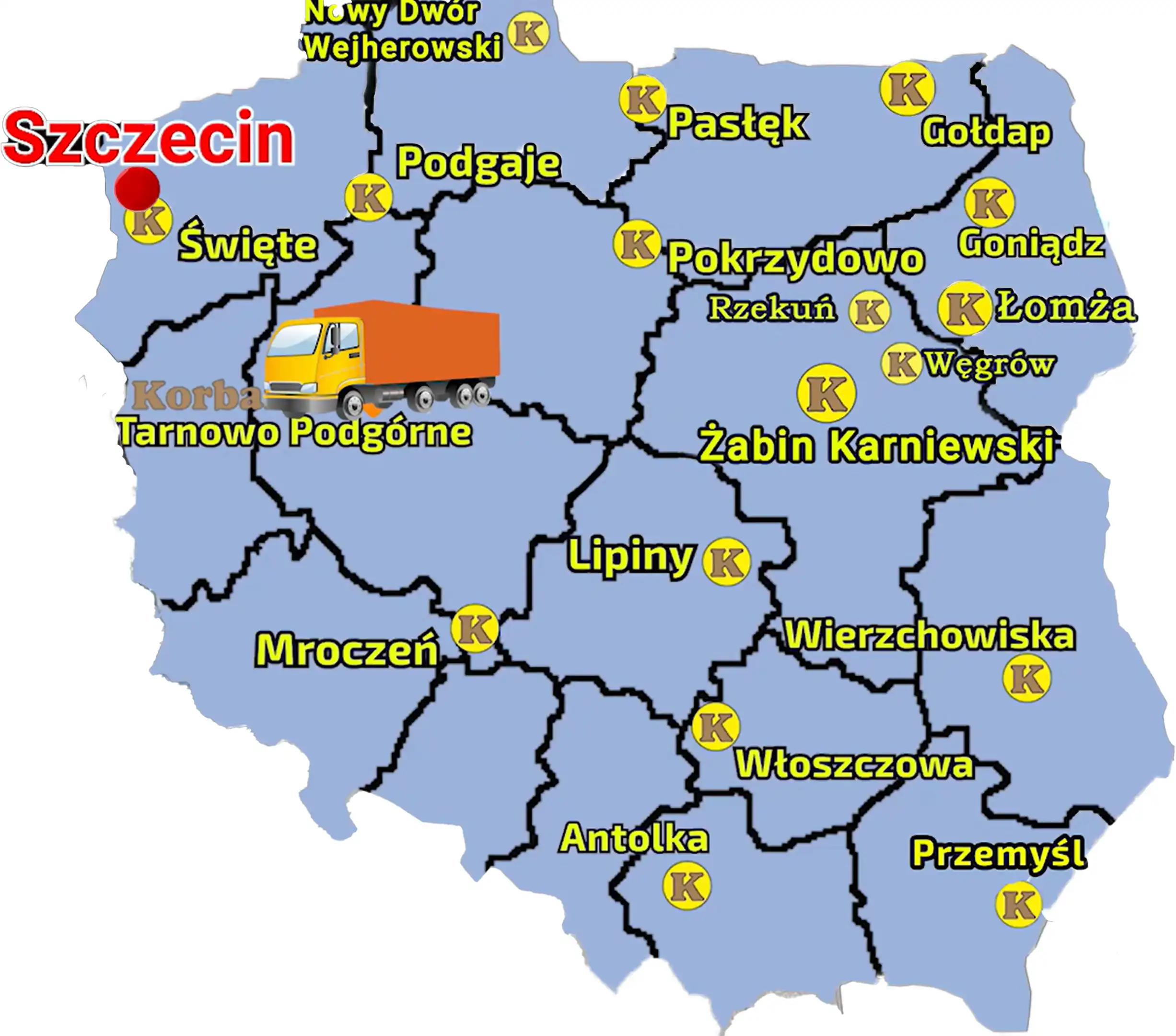 Mapa Polski z zazanaczoną miejscowością gdzie do Rolnika została dostarczona brona chwastownik