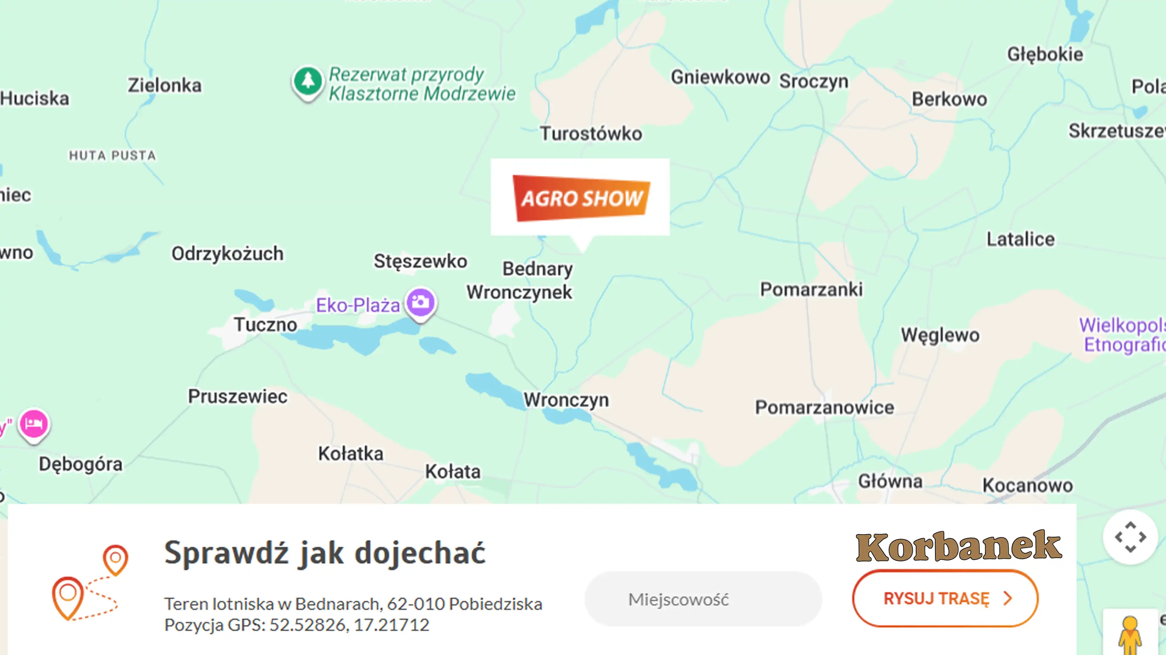 Mapa z zaznaczonym miejscem, gdzie odbywa się od wielu lat Agro Show 