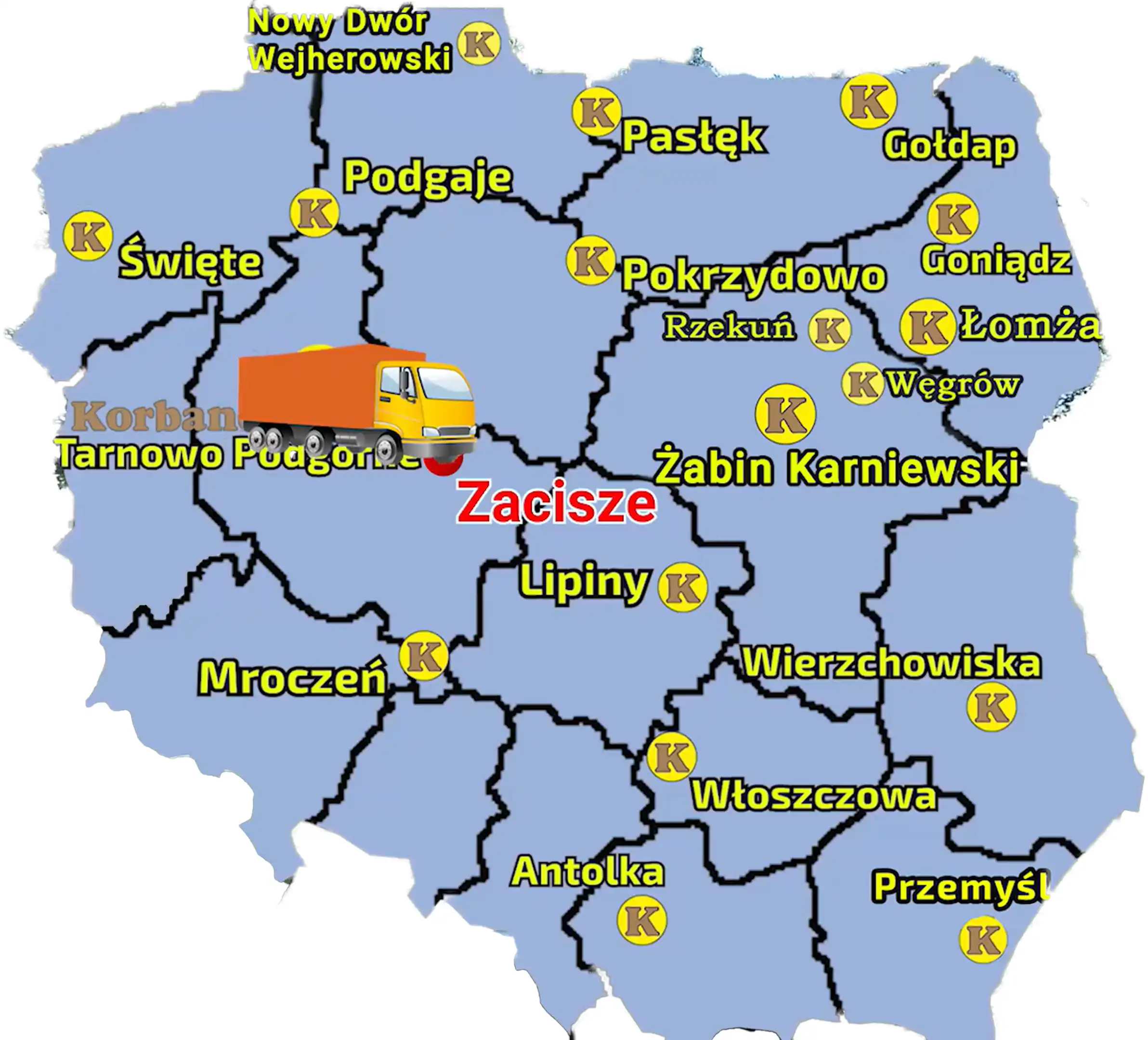 Mapa przedstawiająca sieć sprzedaży maszyn Korbanek w Poslce i miejscowośc, gdzie Panu Karolowi został dostarczony opryskiwacz TOLMET