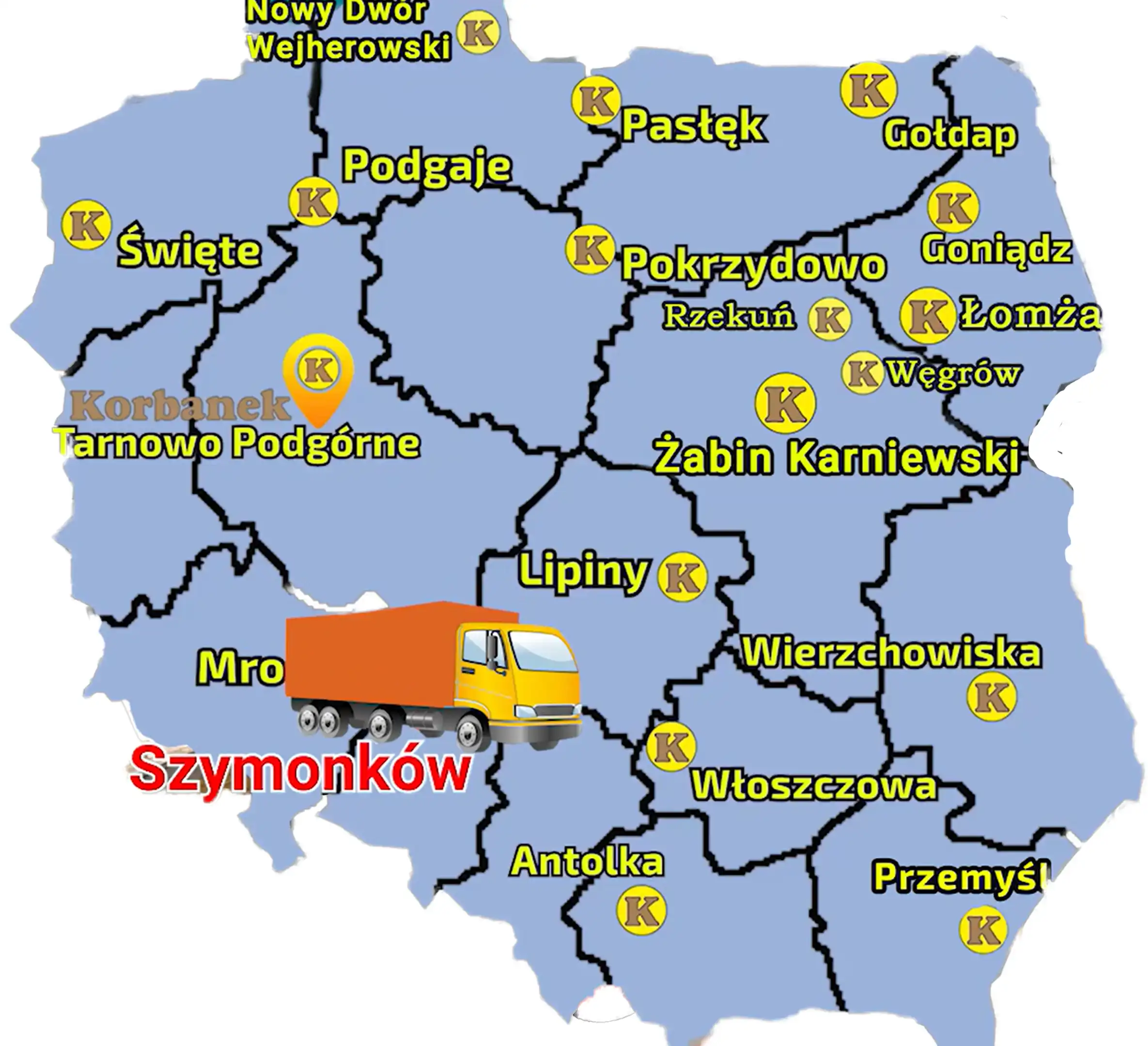 Mapa przedstawiająca punkty sprzedaży sieci Korbanek i zaznaczoną miejscowość, gdzie do Klienta został dostarczony ciągnik Arbos 5130