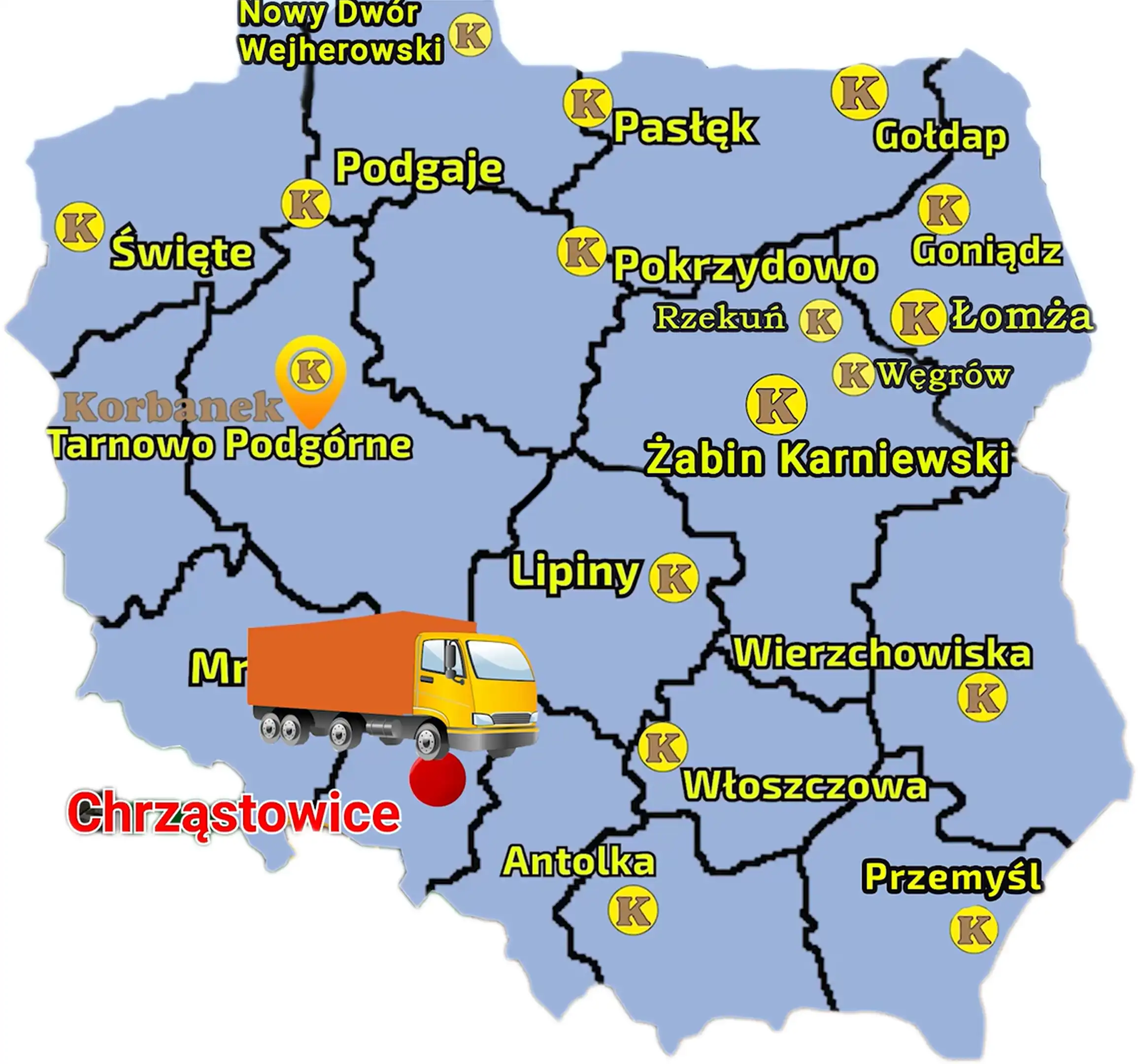 Mapa ukazująca sieć sprzedaży firmy Korbanek w Polsce i zaznaczoną miejscowość, gdzie do Klienta została dostarczona maszyna McHale