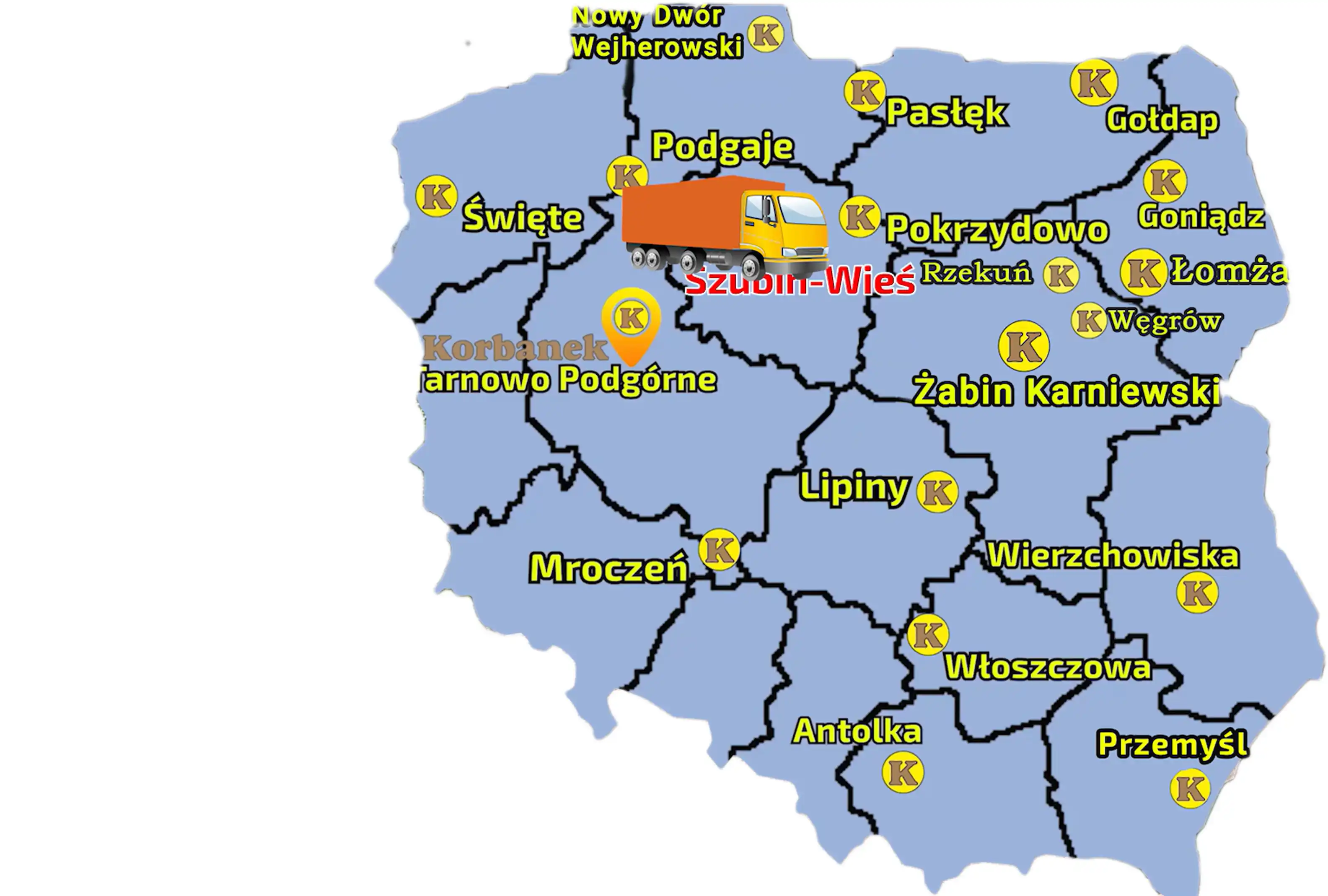 Mapa Polski z zaznaczoną miejscowośćią, gdzie do klienta został dostarczony Faresin