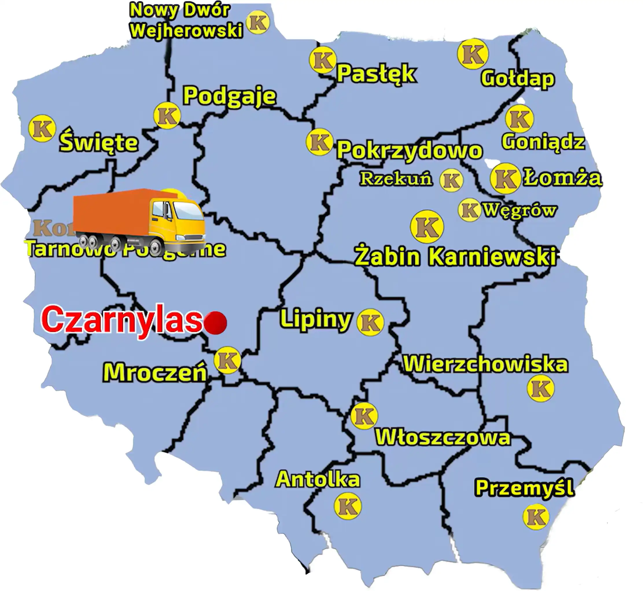 Mapa prezentująca lokalizację punktów sprzedaży sieci Korbanek i zaznaczoną miejscowośc gdzie do Klienta została dostarczona ładowarka
