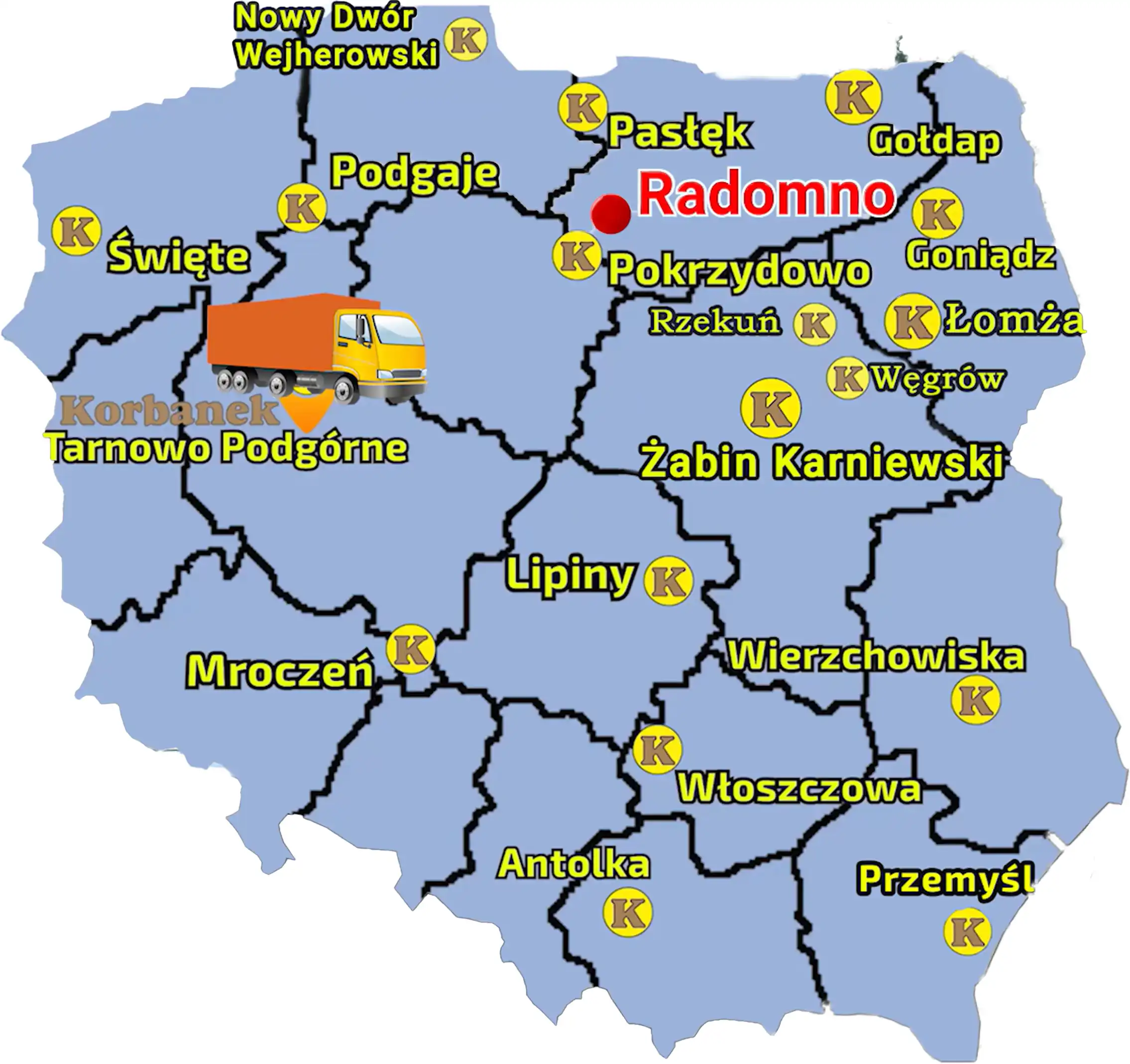 Mapa przedstawiająca sięc sprzedaży firmy KOrbanek w Polsce i miejscowość, gdzie do klienta została dostarczona maszyna Mandam