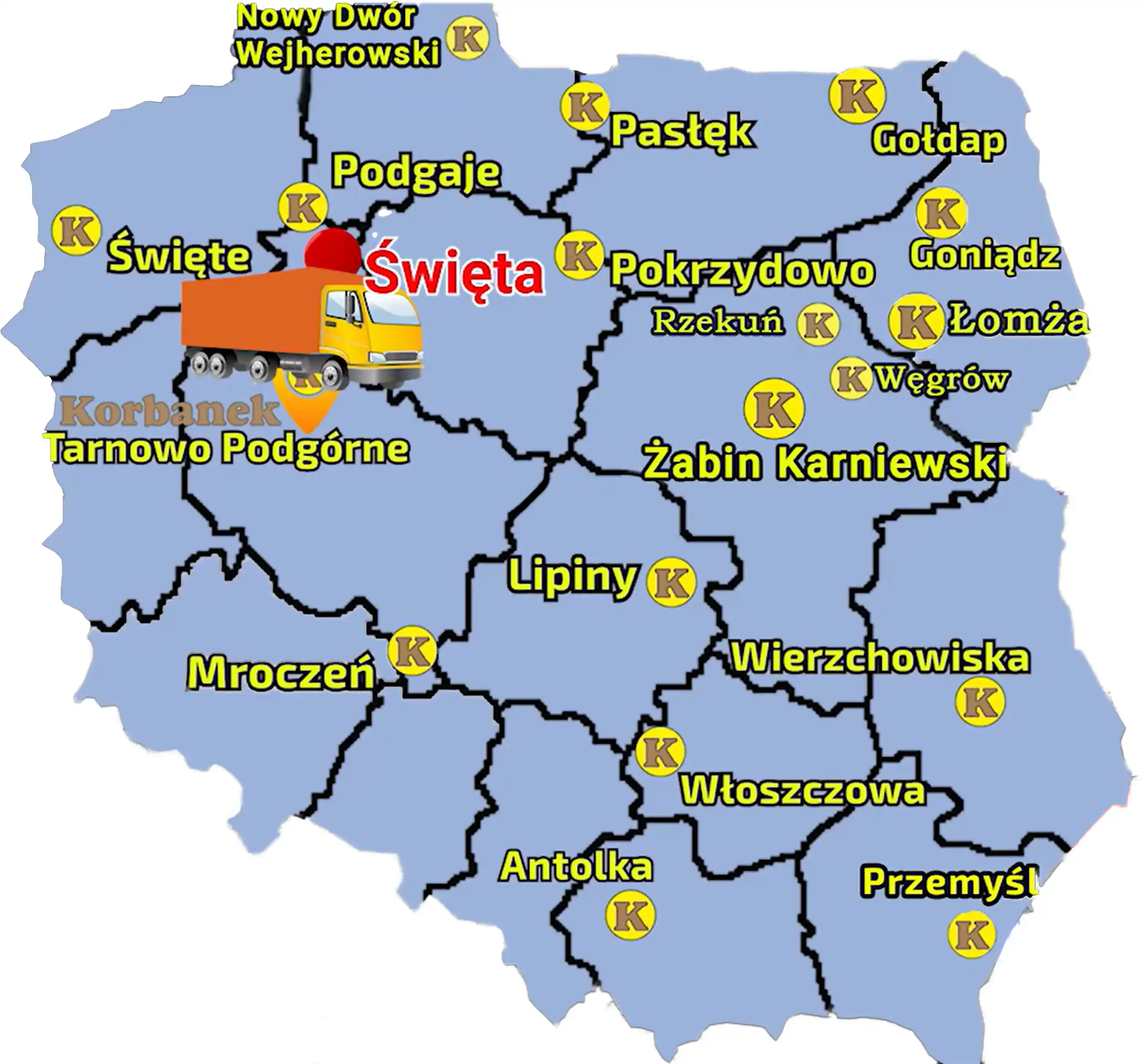 Mapa ukazująca sieć sprzedaży Korbanek i zaznaczoną miejscowość, gdzie do Klienta została dostarczona maszyna od Unii
