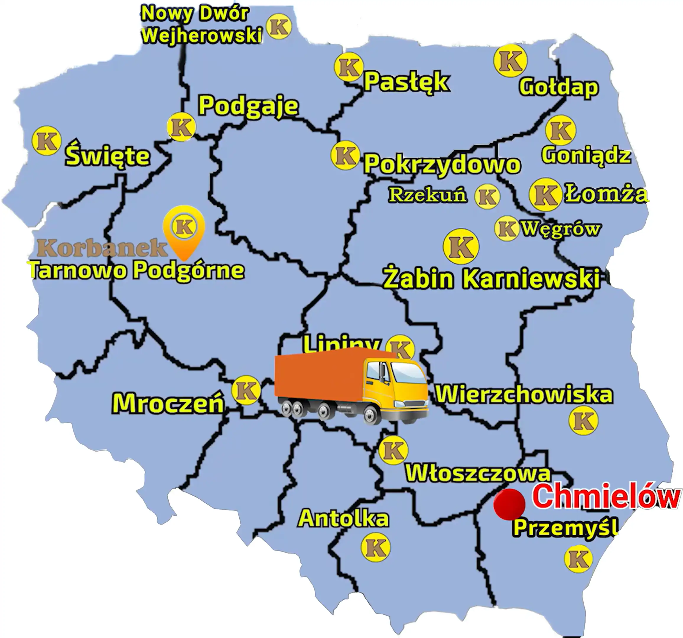 Mapa ukazująca sieć sprzedaży firmy Korbanek w Polsce i miejscowość, gdzie do Klienta został dostarczony ciagnik Arbos 2040 