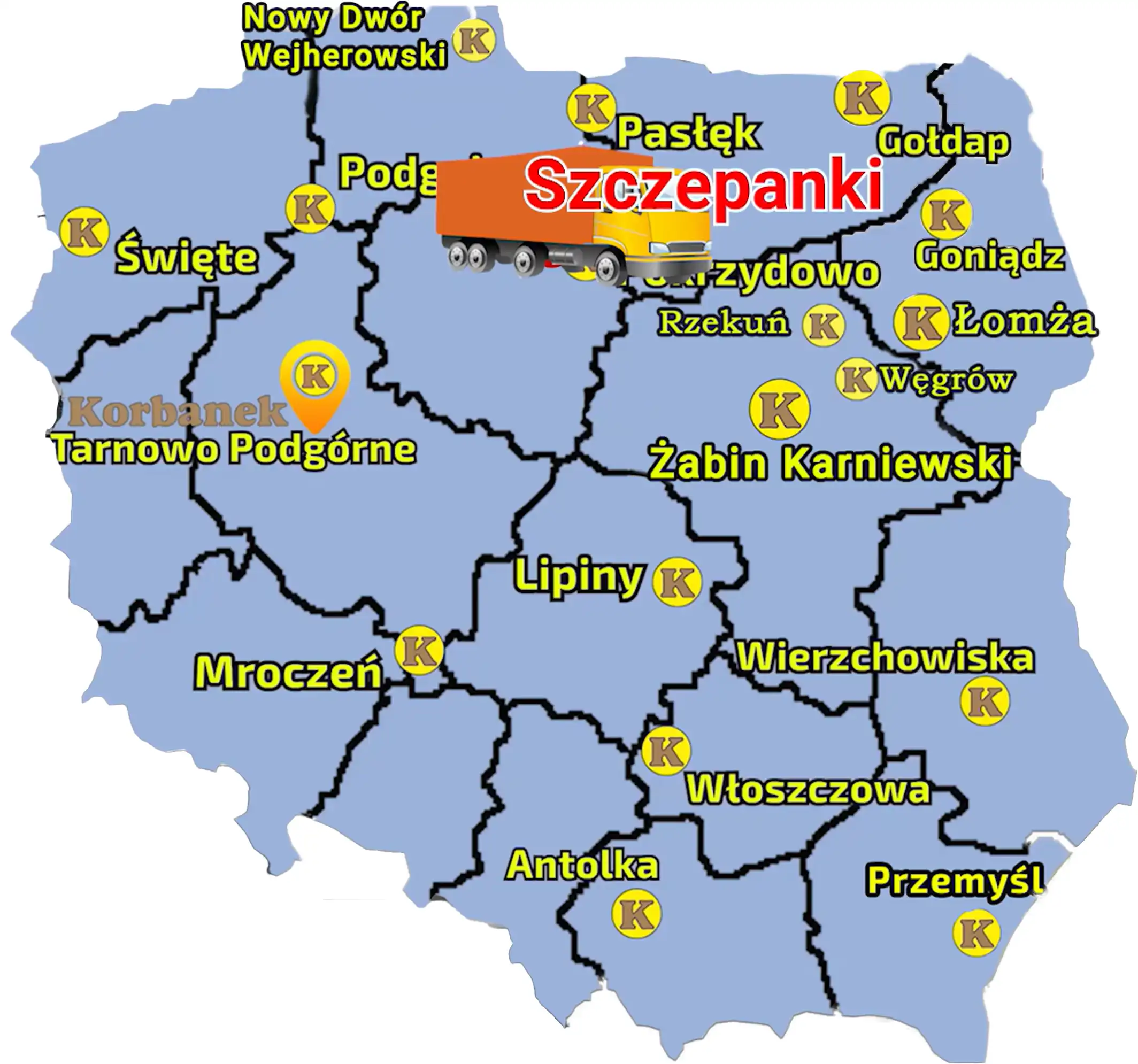 Mapa Polski z zaznaczonymi punktami sprzedaży sieci Korbanek i miejscowością gdzie został dostarczony opryskiwacz