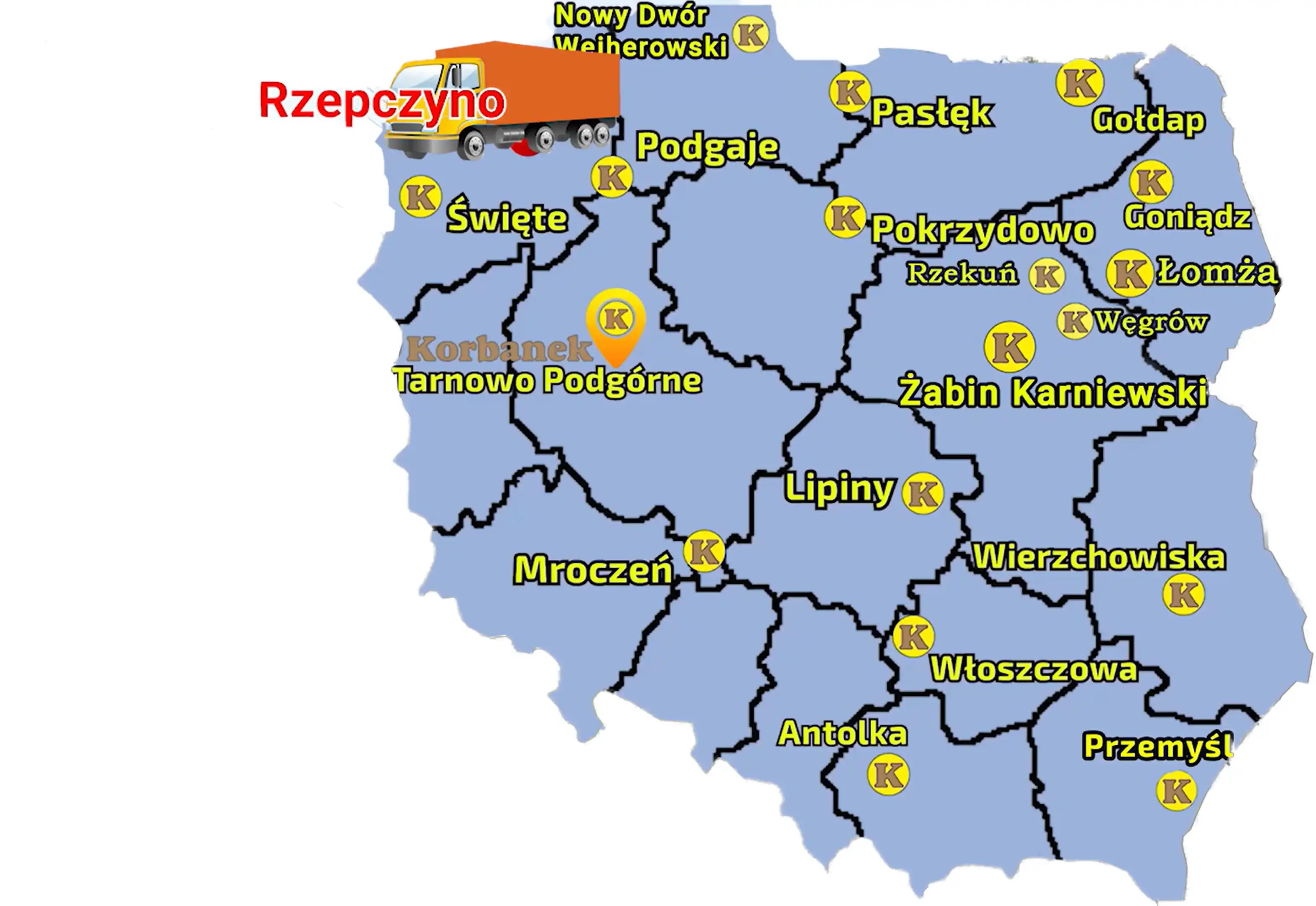 Mapa zawierająca punkty sprzedaży Korbanek w Polsce i zaznaczoną miejscowość , gdzie do Klientów została dostarczona ładowarka