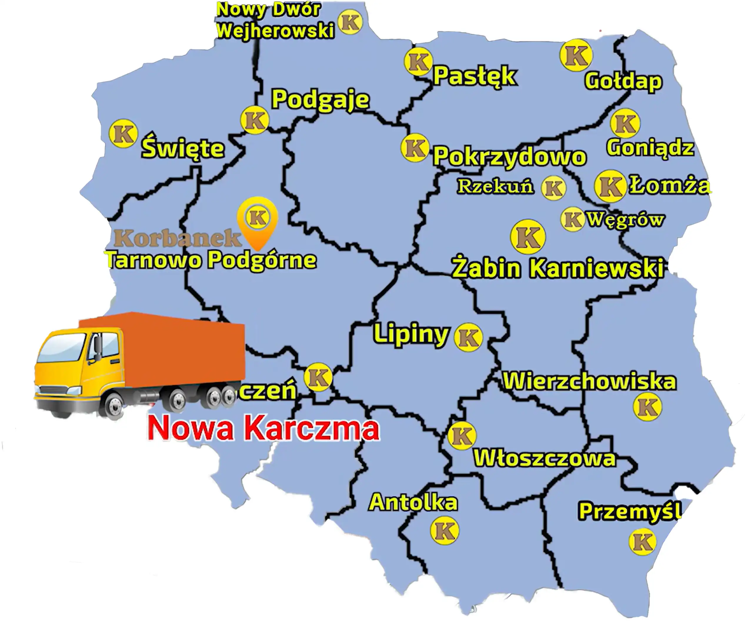 Sieć sprzedazy firmy Korbanek w Polsce skłąda się z wielu punktów, co widać na tej mapie Mapa pokazująca sięc sprzedazy firmy Korbanek w Polsce z zaznaczoną miejscowością, gdzie do klienta został dostarczony ciągnik Aupax