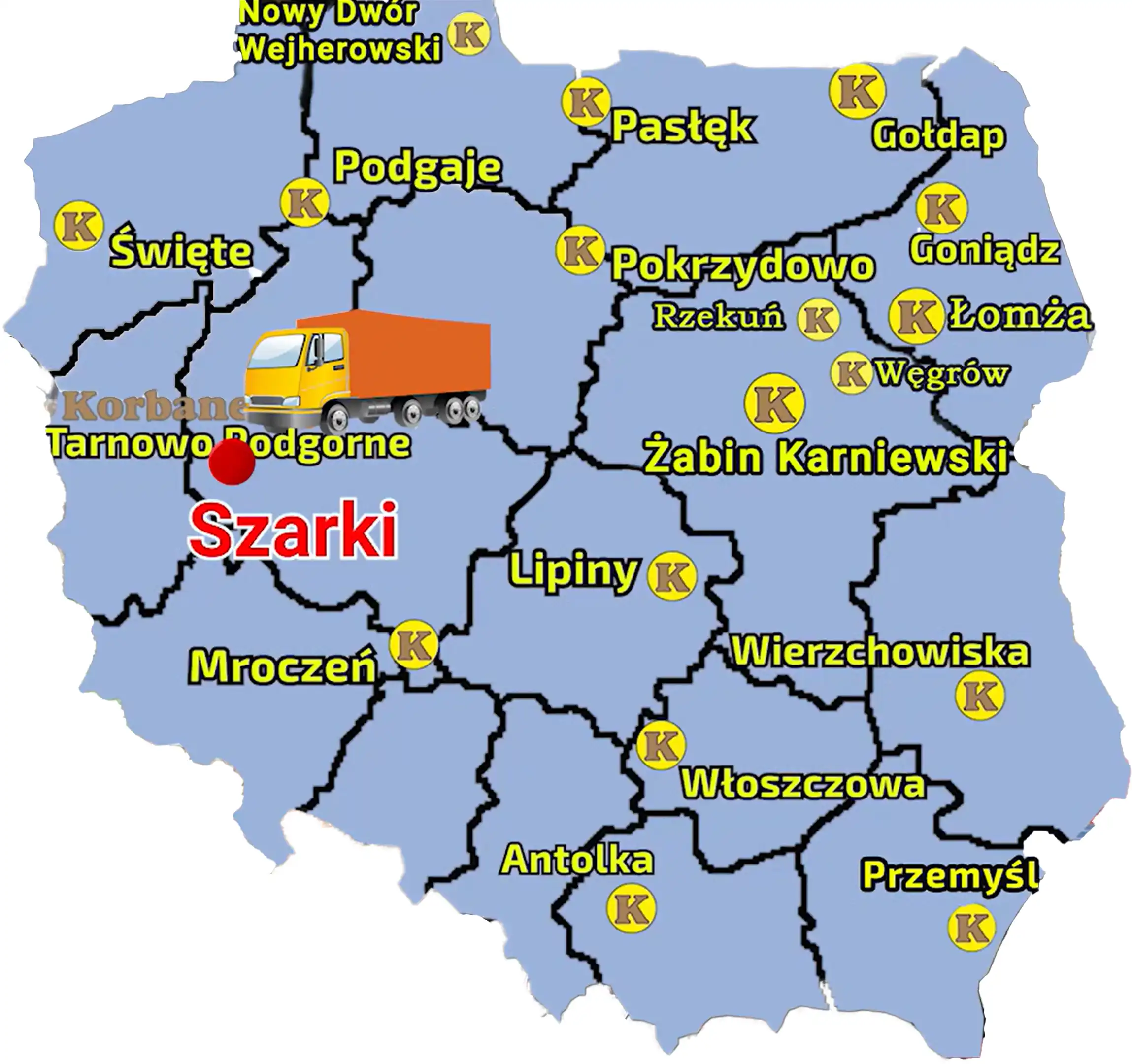 Mapa ukazjaca punkty sprzedaży sieci Korbanek, tak umiejscowione, aby być jak najbliżej klienta Mapa z oznaczonymi punktami sprzedaży sieci Korbanek i zaznaczoną miejscowością, gdzie nastąoiła dostawa ciągnika