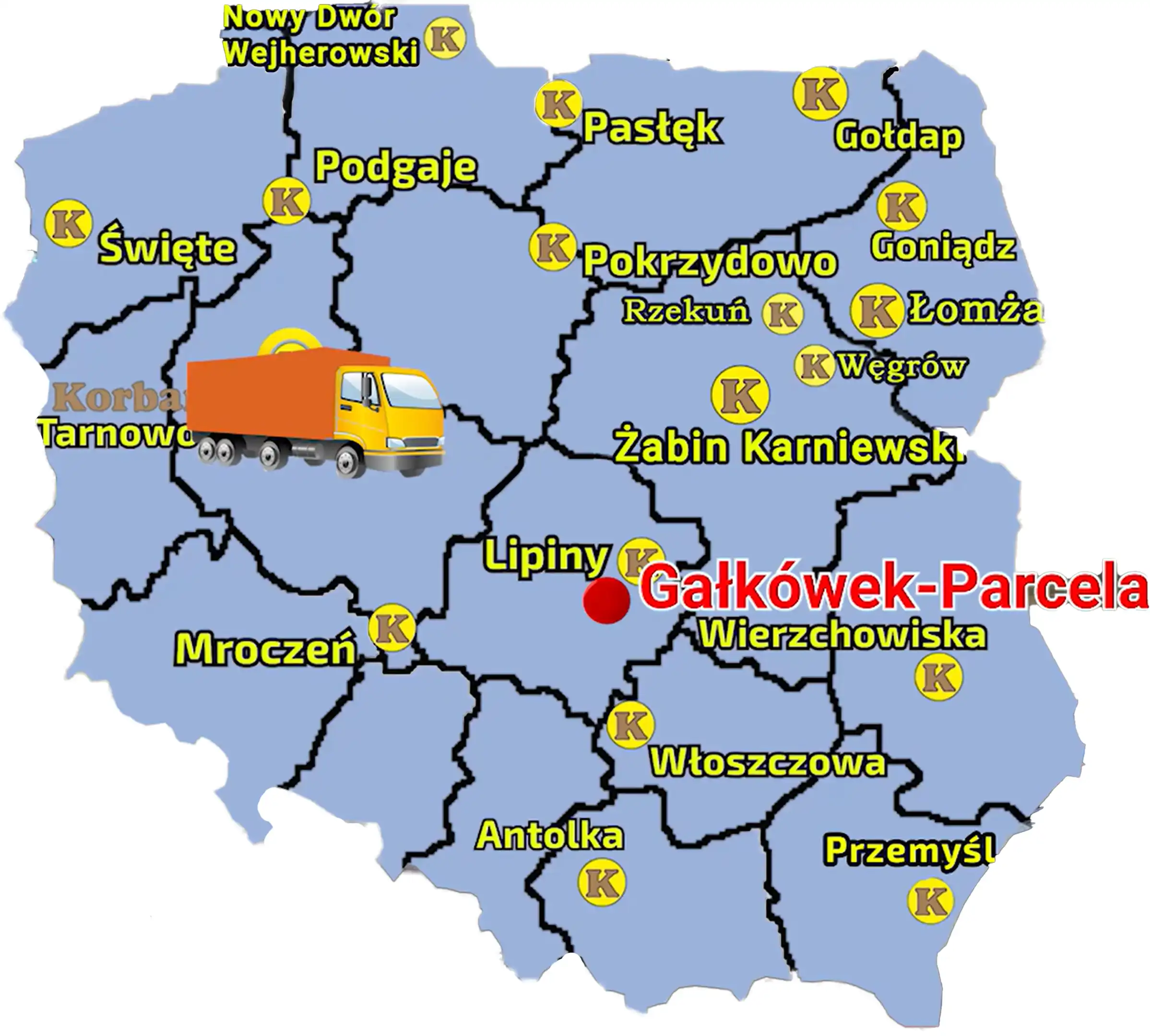 Sieć Korbanek w Polsce skłąda sie z nastepujących punktów sprzedaży - zaznaczonych na tej mapie Mapa ukazująca punkty sprzedaży sieci Korbanek w Polsce i zaznaczona miejscowość, gdzie do Klienta została dostarczona przyczepa