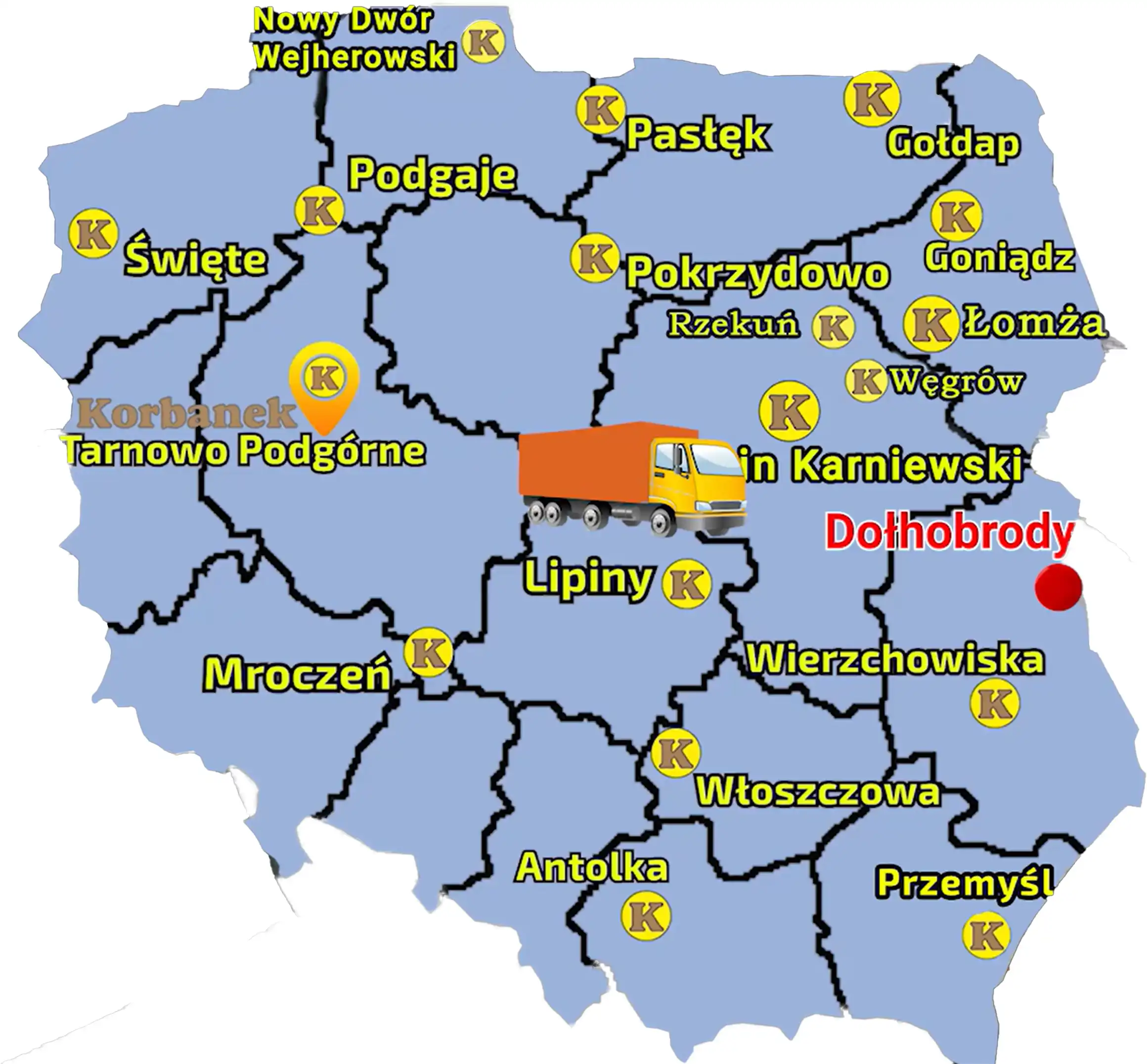 Firma Korbanek posiada punkt sprzedaży i serwiu na terenie całego karju, co widać na powyższej mapie Mapa z zaznaczonymi punktami sprzedaży sieci Korbanek i miejscowością, gdzie do Klienta została dostarczona zgrabiarka