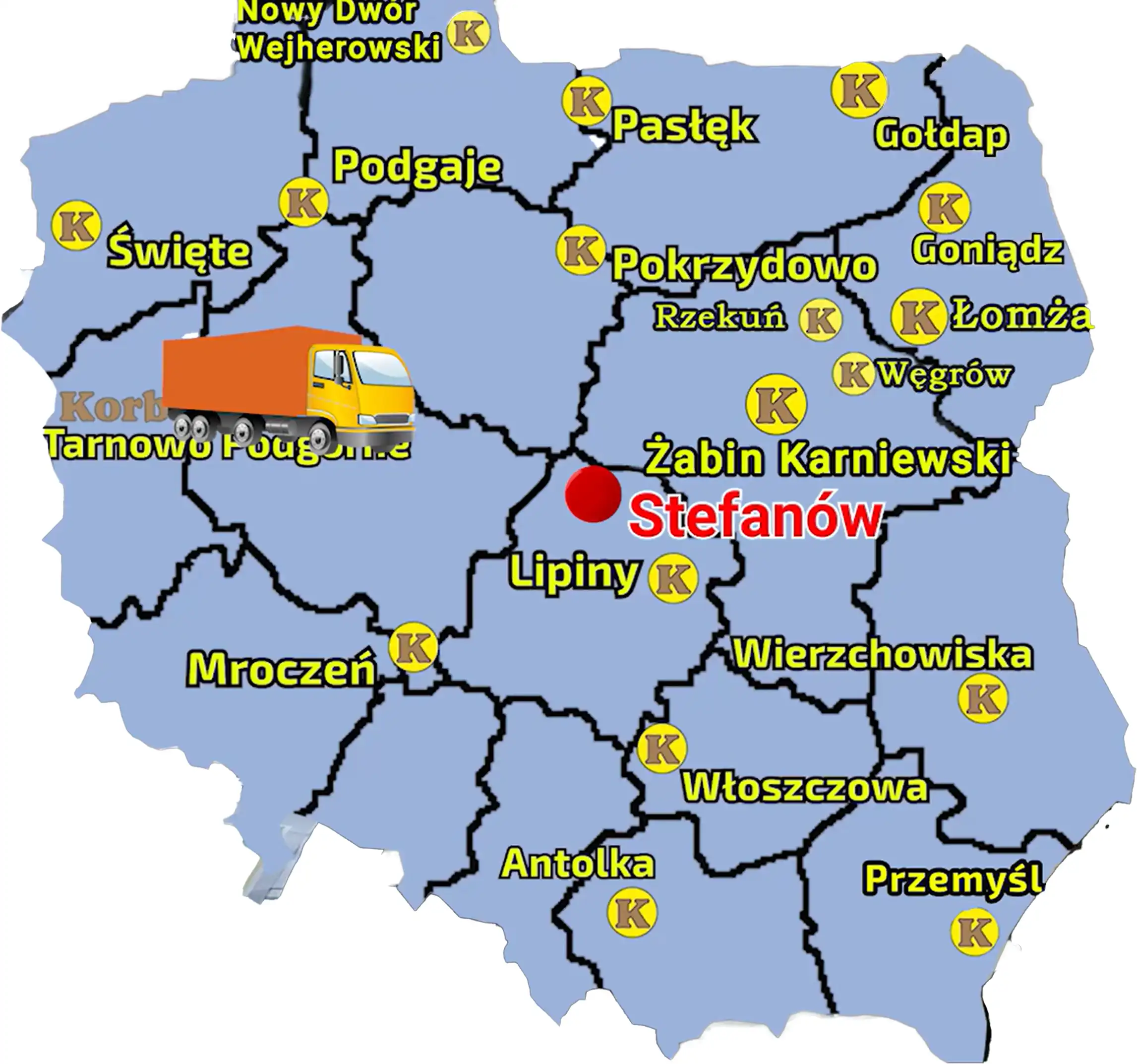 Mapa z zaznaczonymi punktami sprzedaży sieci Korbanek i miejscowością, gdzie do Klienta został dostarczony ciągnik