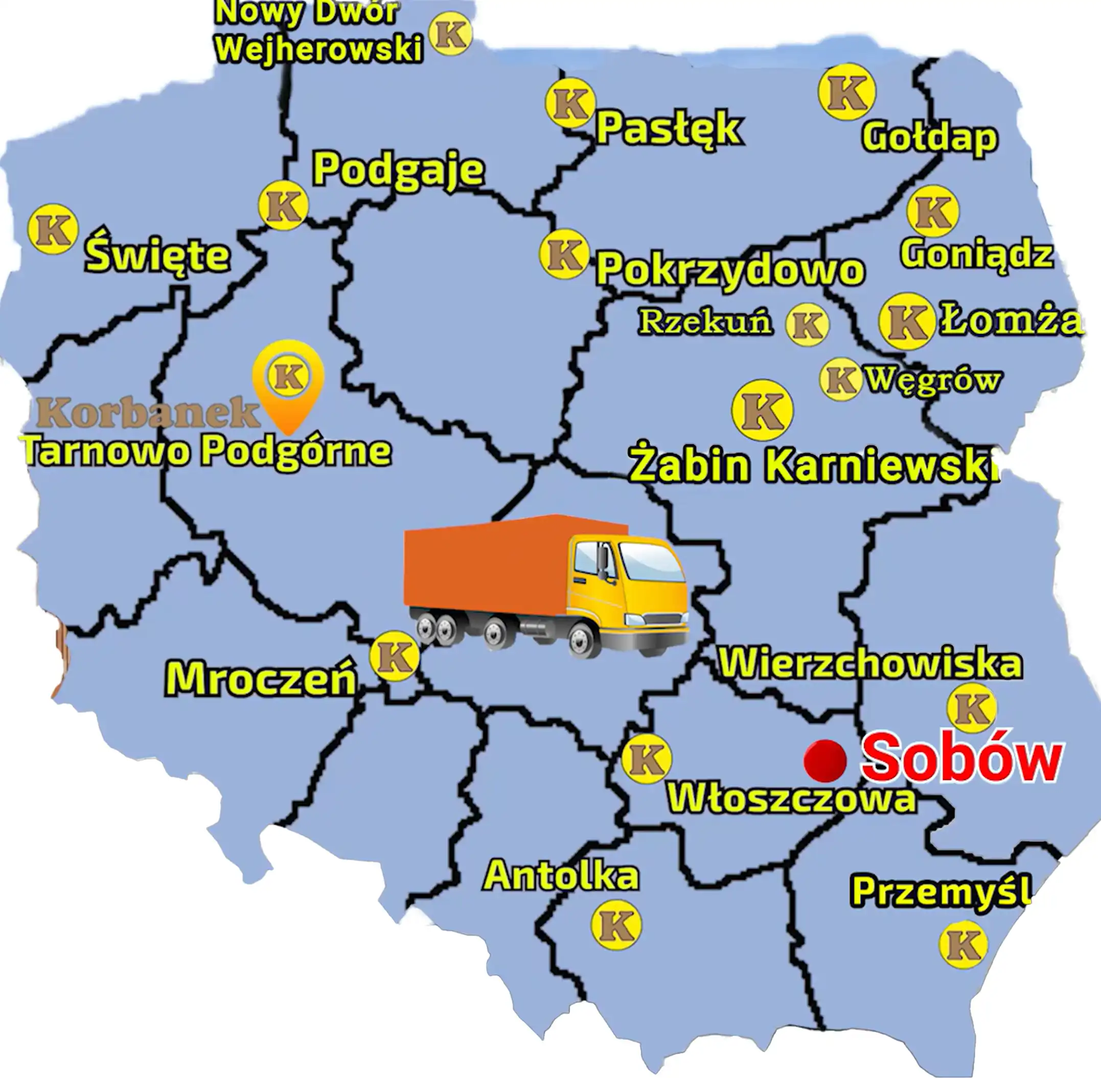 Mapa ukazująca punkty sprzedaży firmy Korbanek na terytorium Polski i zaznaczoną miejscowość, gdzie do Klienta zaostał dostarczony ciagnik Arbos 2040