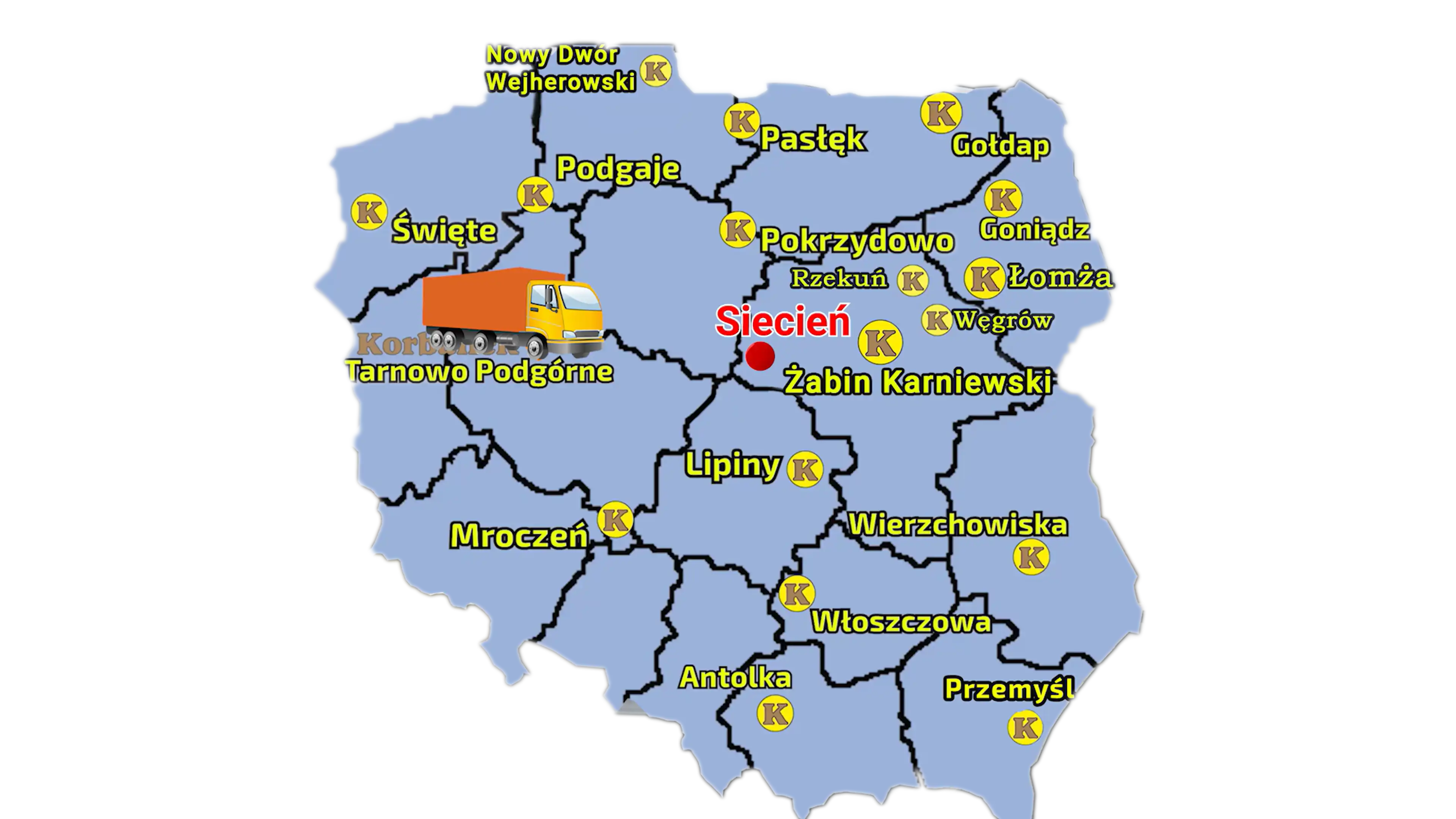 Sieć sprzedaży firmy Korabnek obejmuje wiele punktó na terenie Polski, co widać na tej mapie Mapa Polski z zaznaczonymi punktami sprzedaży sieci Korbanek i miejscowością, gdzie do Klienta została dostarczona ładowarka