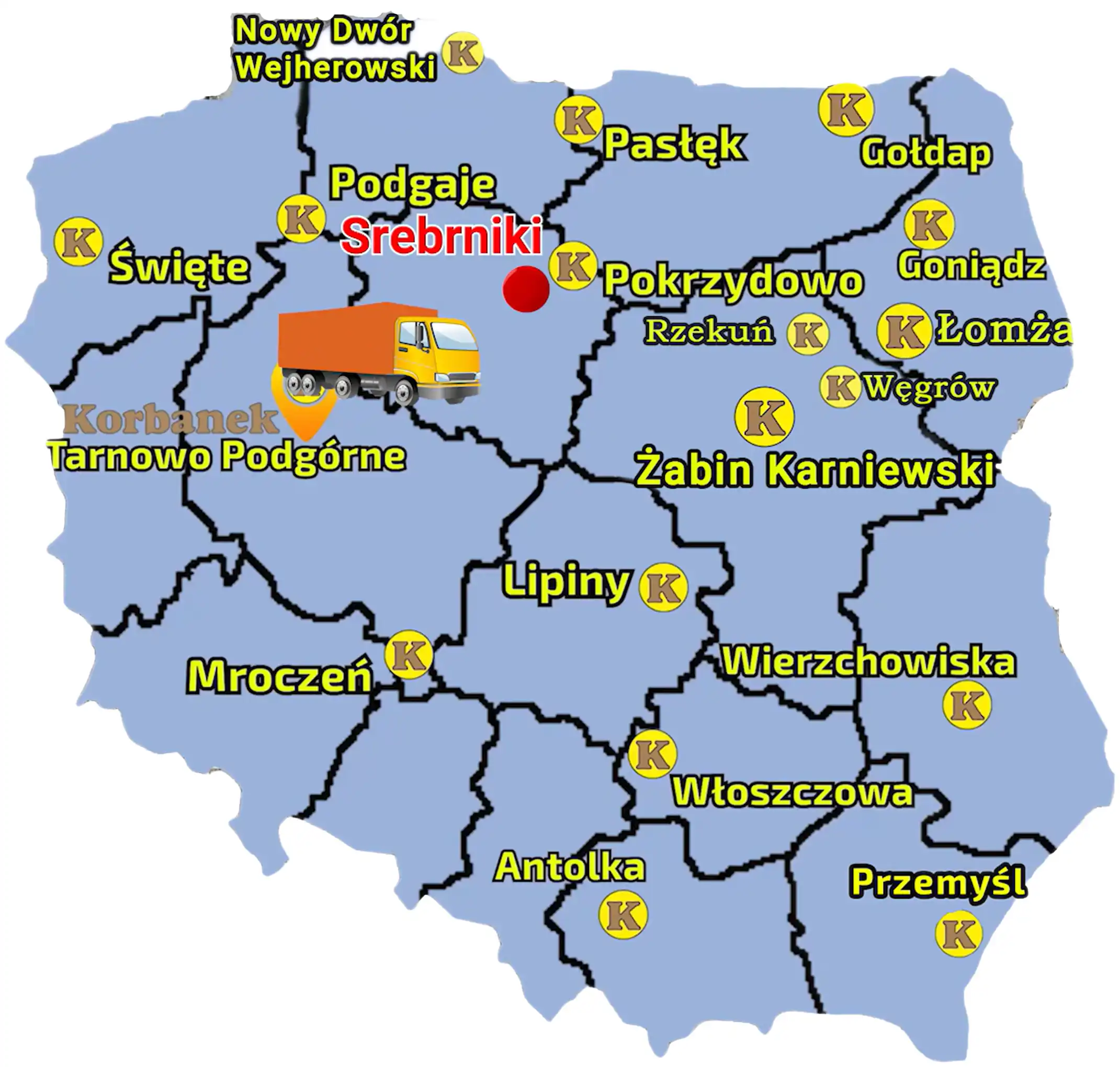Firma Korbanek posiada punkty sprzedaży na terenie całego kraju, co widać na tej mapie Mapa Polski z zaznaczonymi punkatmi sprzedaży Korbanek i miejscowością, gdzie nastąpiła dostawa ciągnika Aupax