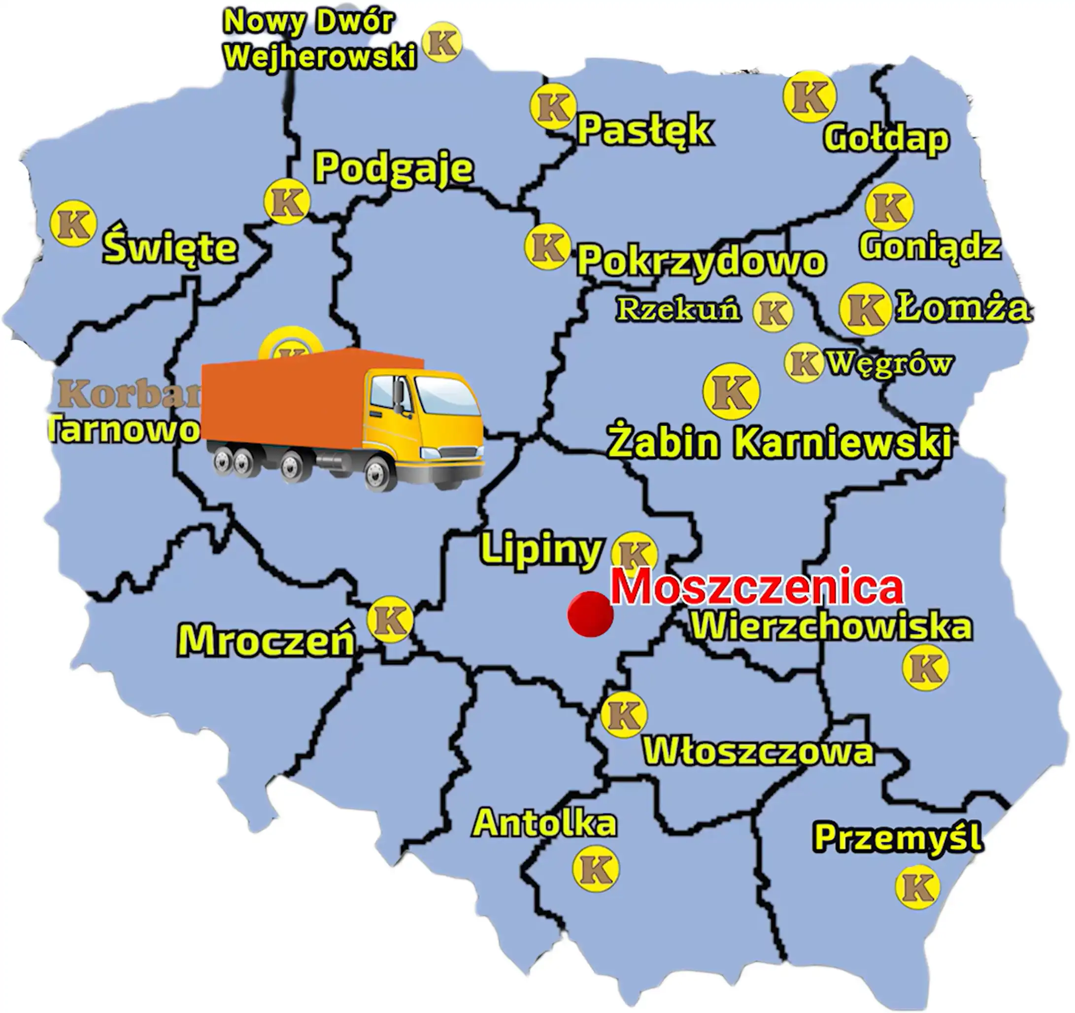Mapa Polski z zaznaczonymi punktami sprzedaży sieci Korbanek i miejscowością, gdzie do Klienta został dostarczony ciągnik Aupax 3055.