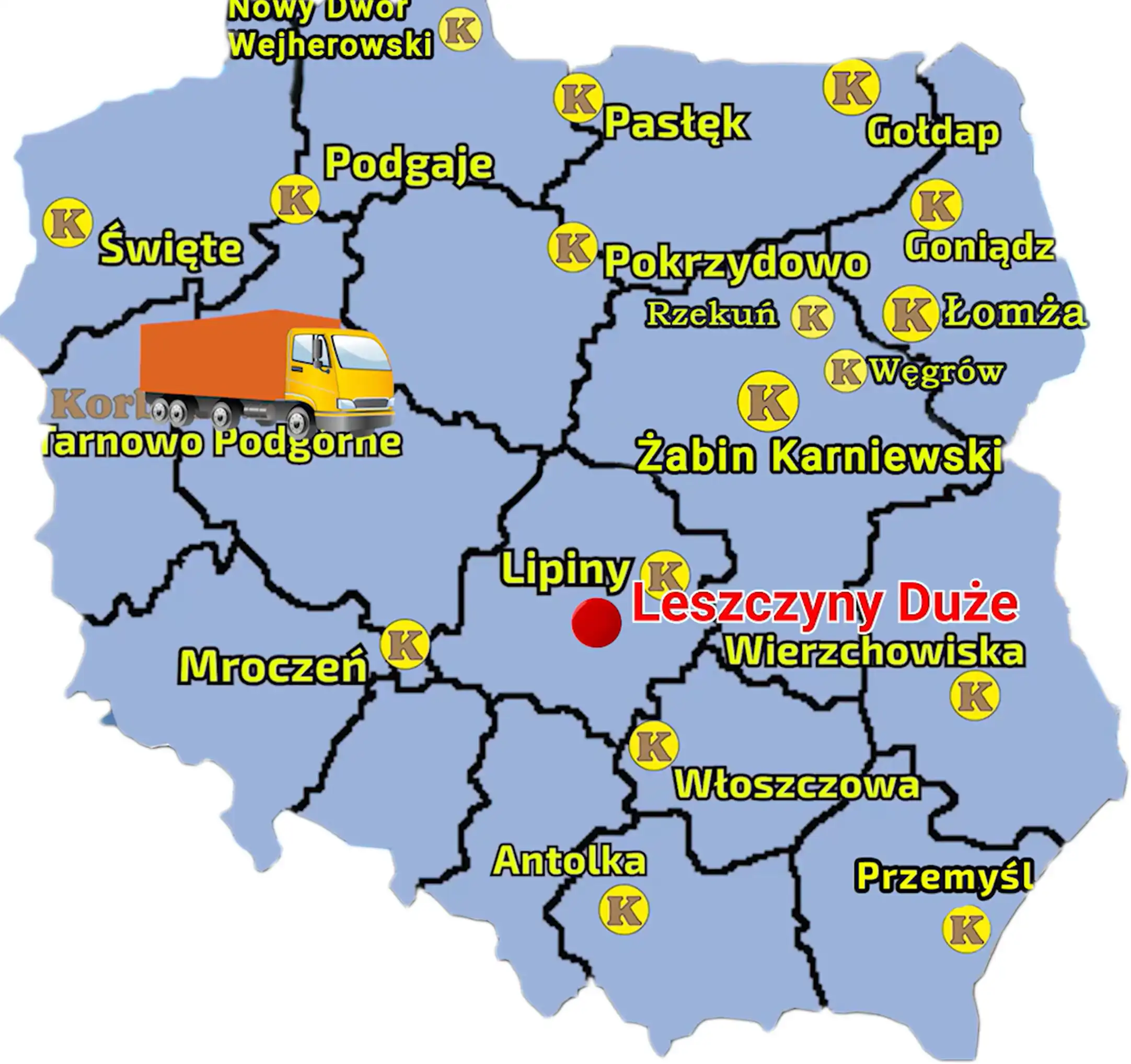 Mapa z zaznaczonymi punktami sprzedaży Korbanek i miejscowością, gdzie do Klienta została dostarczona koparka Lovol