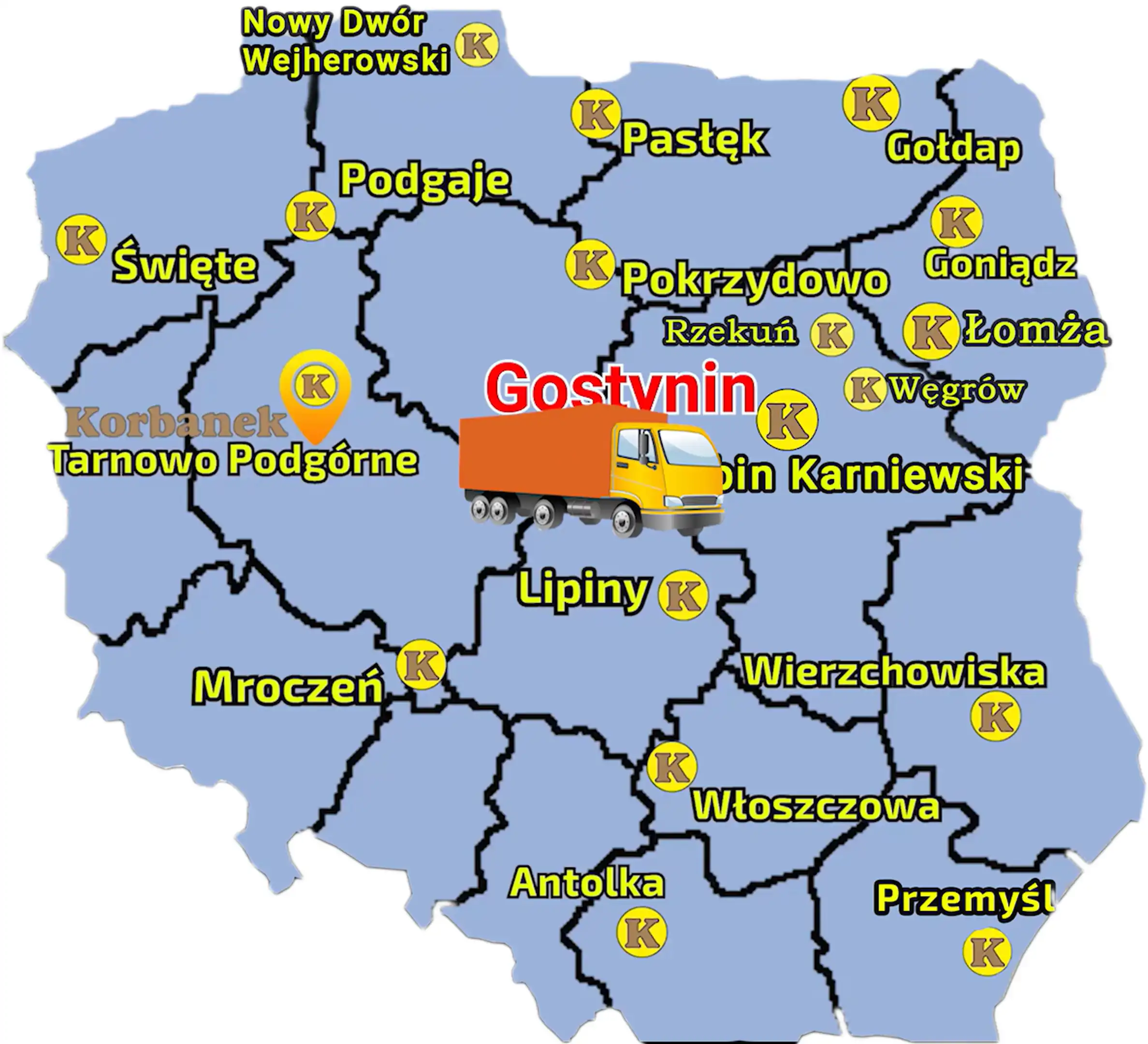 Mapa na której przedstawione zostały punkty sprzedazy sieci Korbanek i z zaznaczoną miejscowością gdzie zostal dostarczy ciągnik