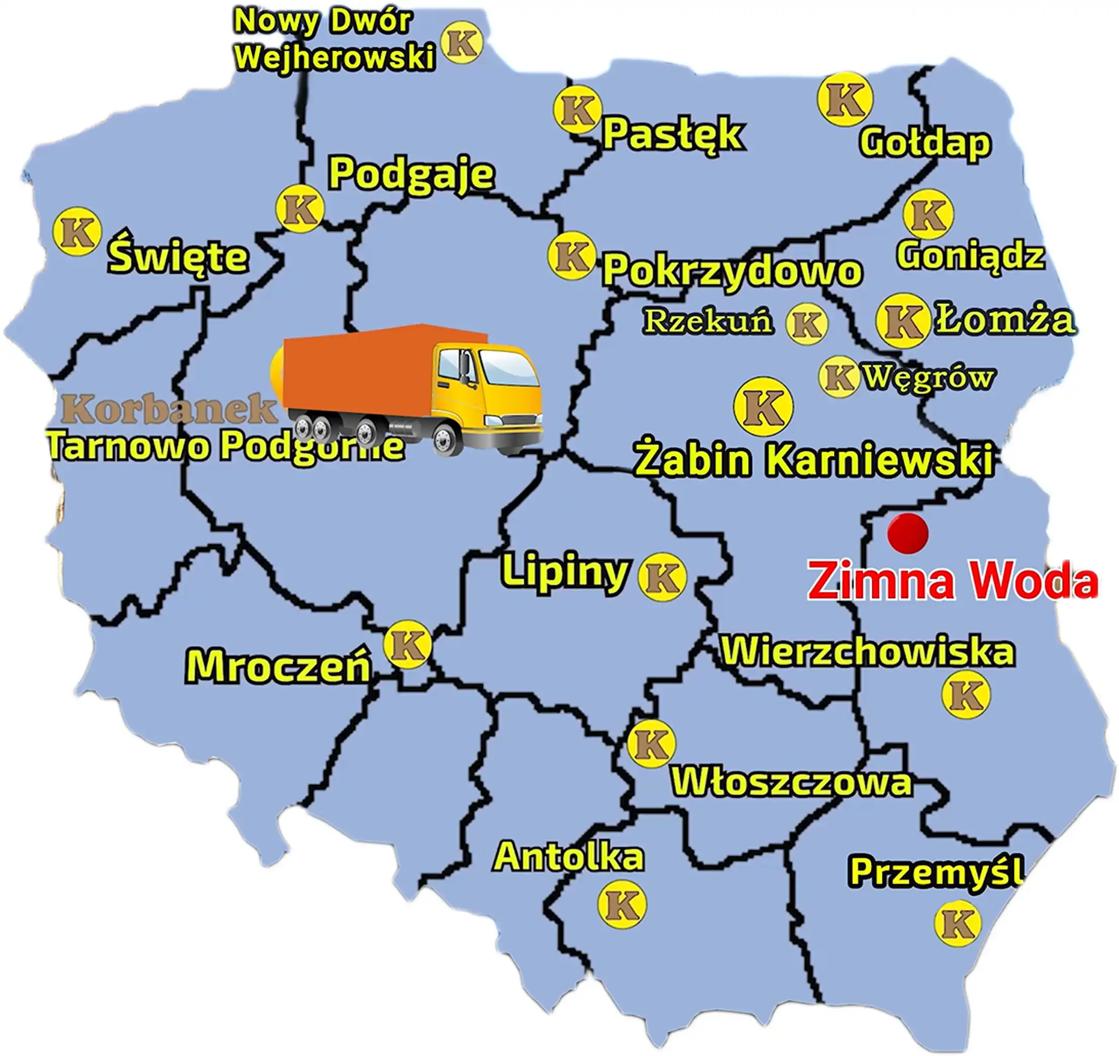 Mapa ukazująca punkty sprzedaży sieci Korbanek w Polsce i zaznaczoną miejscowość, gdzie został dostarczony Arbos 2040