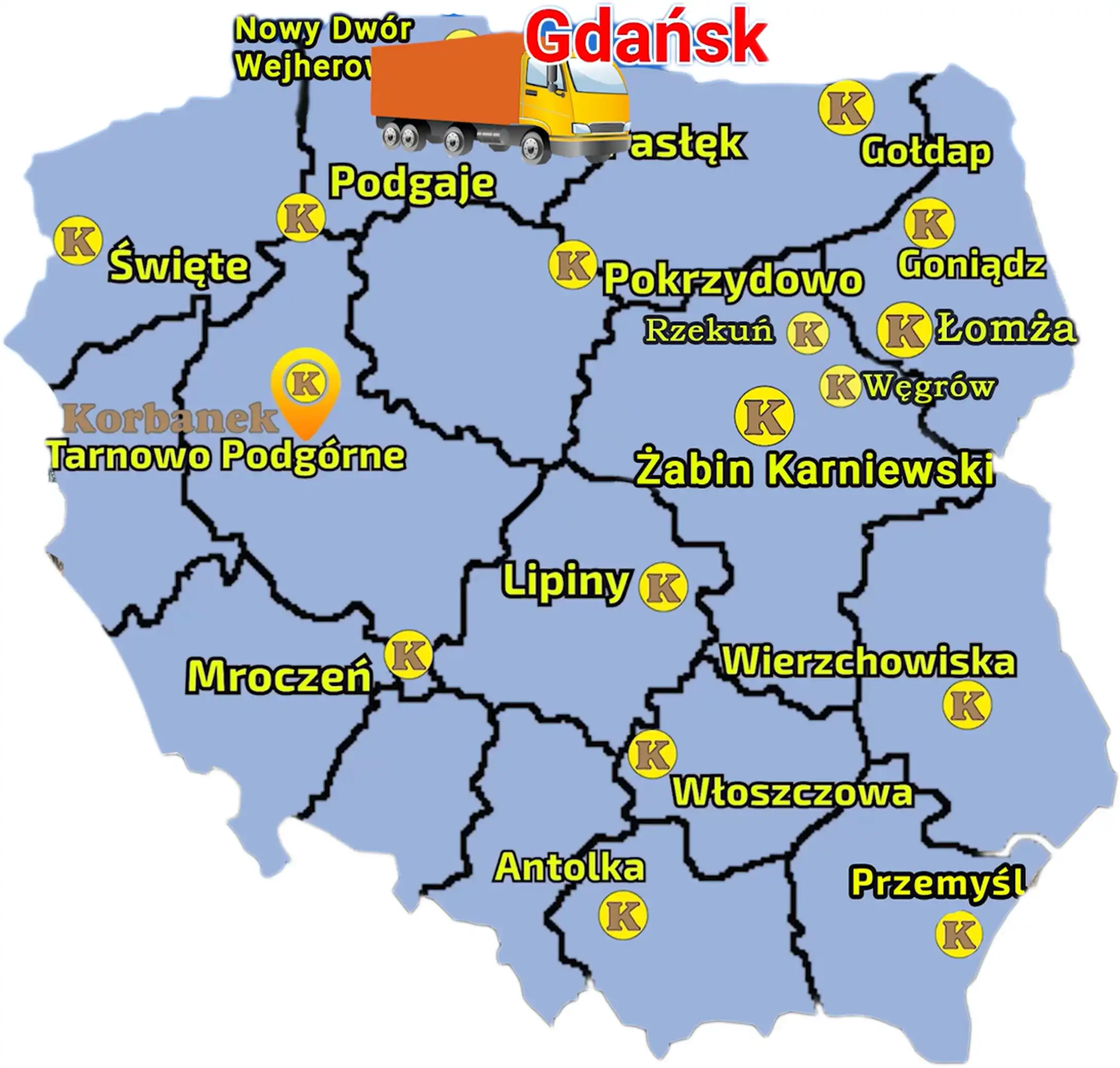 Mapa z zaznaczonymi punktami sieci sprzedaży Korbanek i miejscowością, gdzie został dostarczony ciągnik Aupax