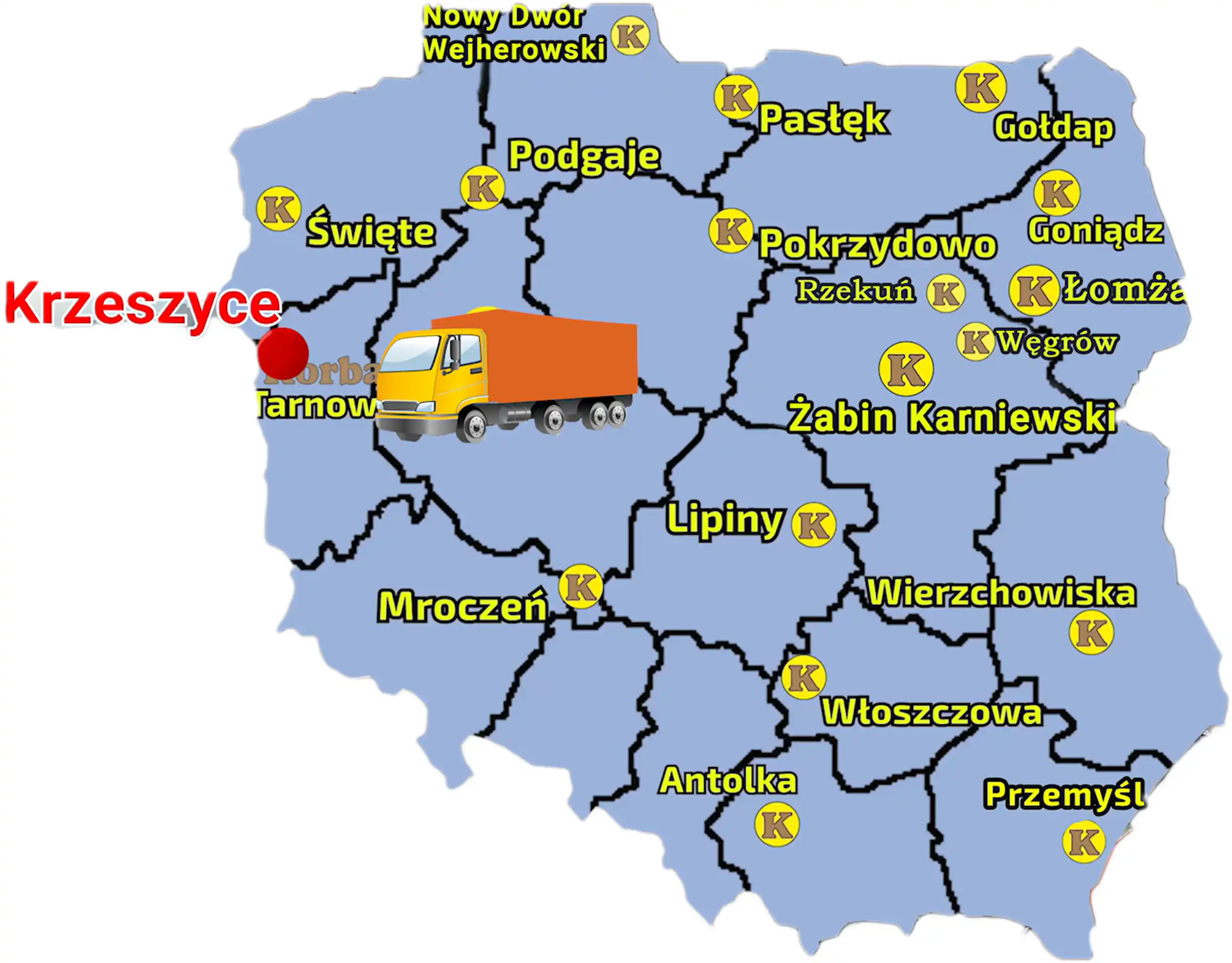 Mapa przedstawiająca punkty sprzedaży Korbanek na terytorium Polski i miejscowość gdzie do Klienta została dostarczona kosiarka