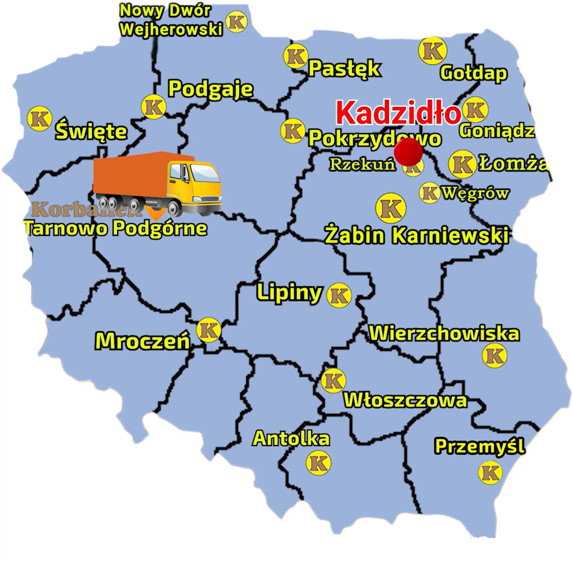 Mapa przedstawiająca sieć sprzedaży Korbanek w Polsce i miejscowość, gdzie do Klienta została dostarczona prasa