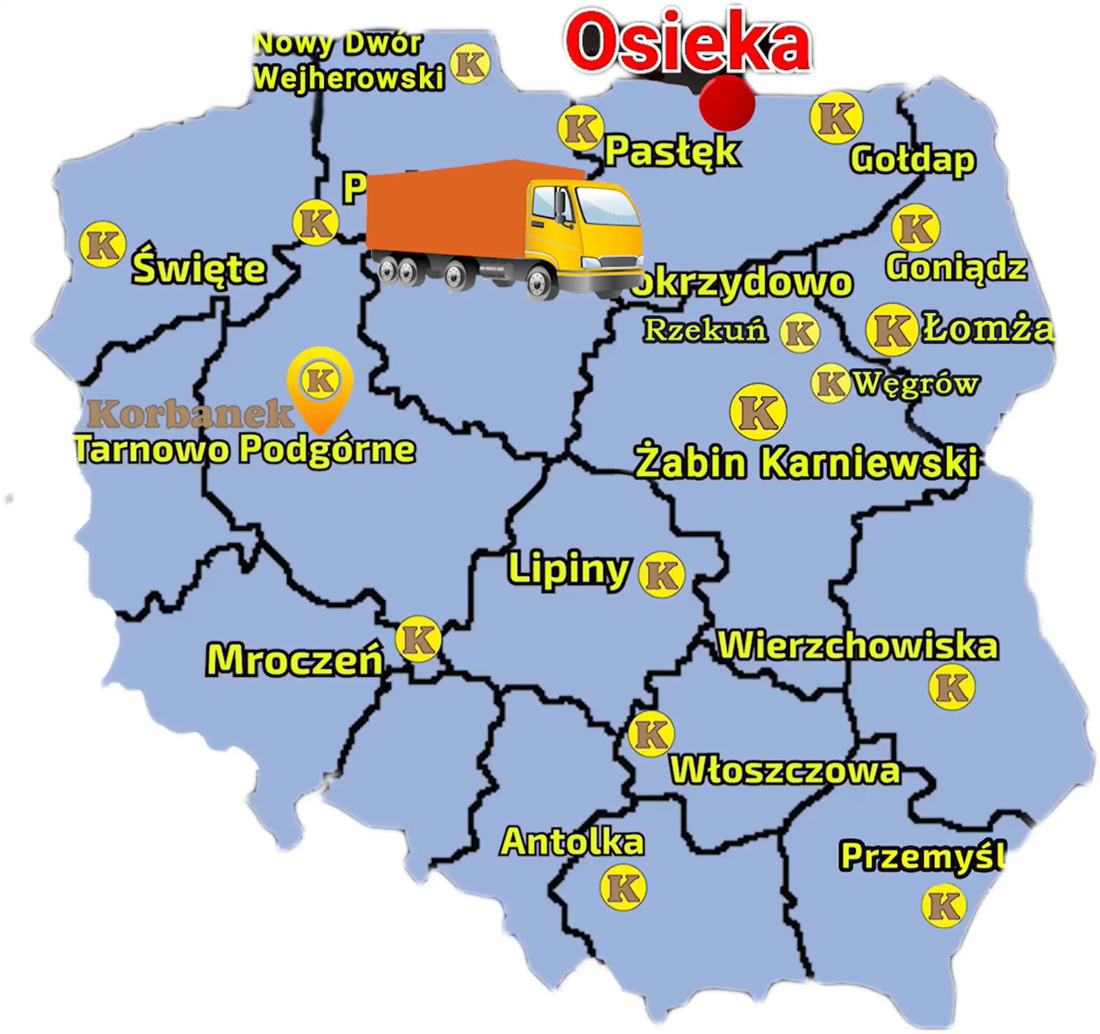 Mapa ukazująca punkty sprzedaży Korbanek i miejscowość, gdzie została dostarczona przystawka