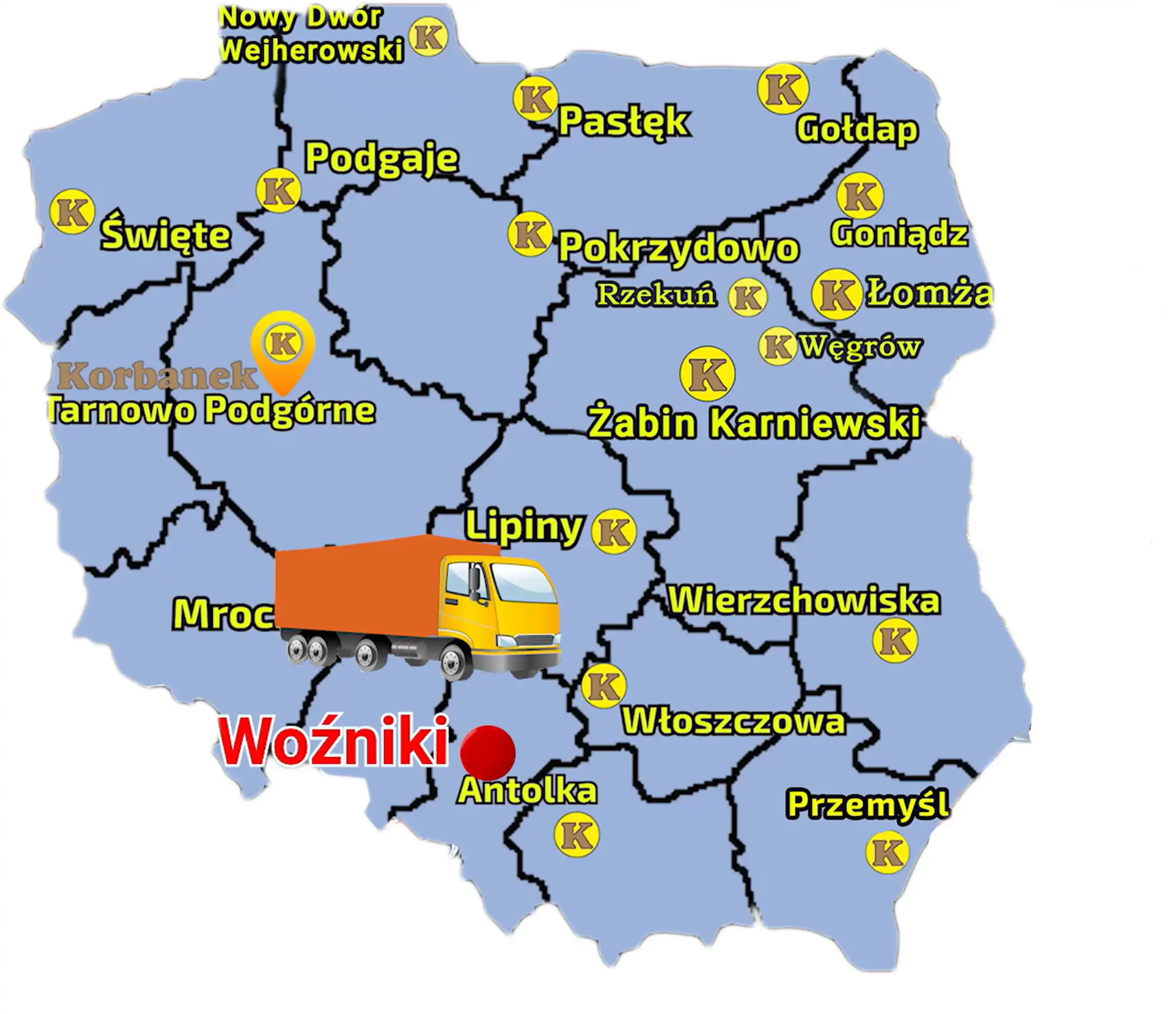 Mapa z zaznaczonymi punktami sprzedazy sieci Korbanek i miejscowością, gdzie do Klienta został dostarczony Aupax 3055