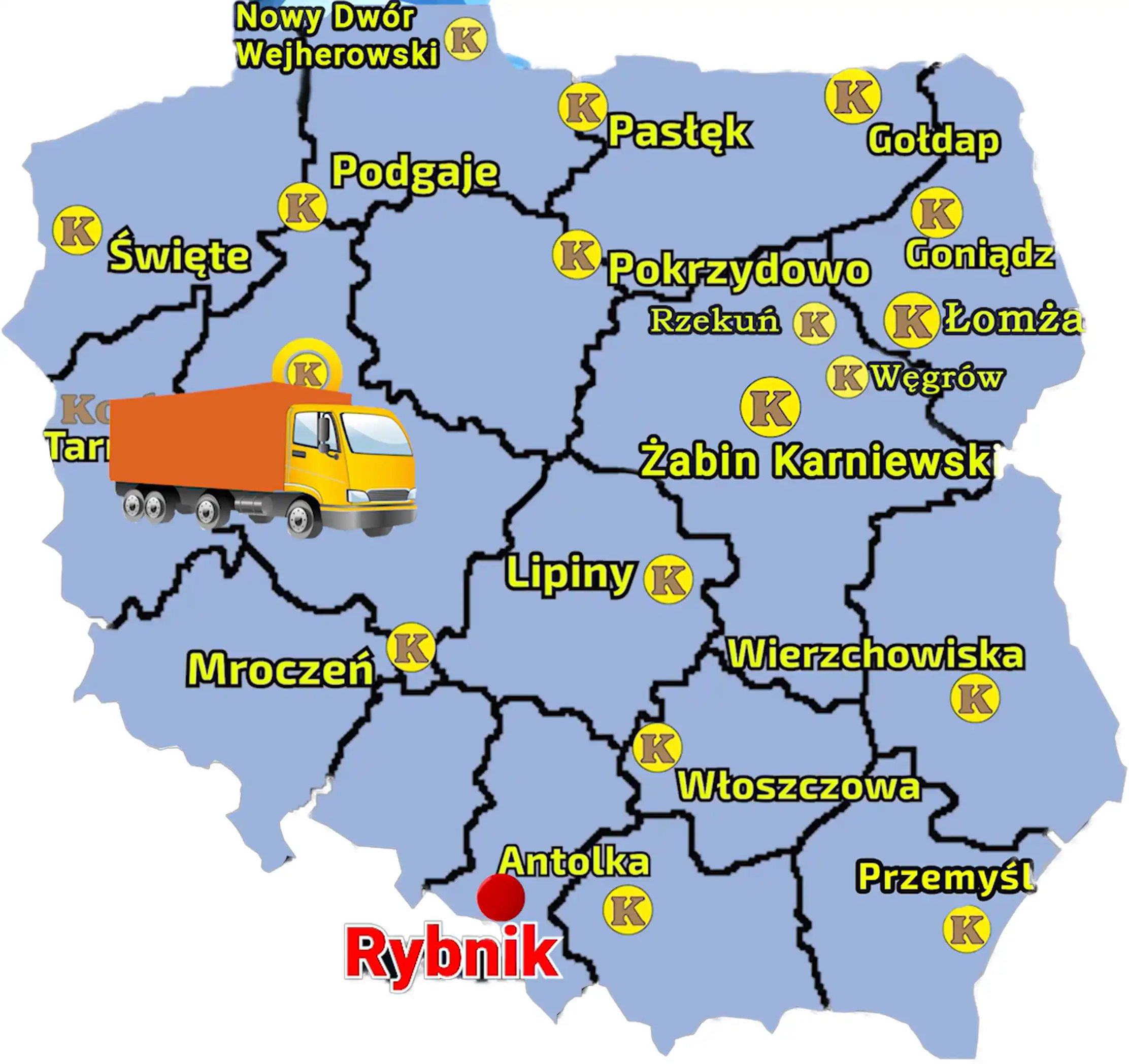 Mapa z zaznaczonymi punktami sprzedaży KOrbanek i miejscowością, gdzie do Klienta dotarła miniładowarka MultiOne 