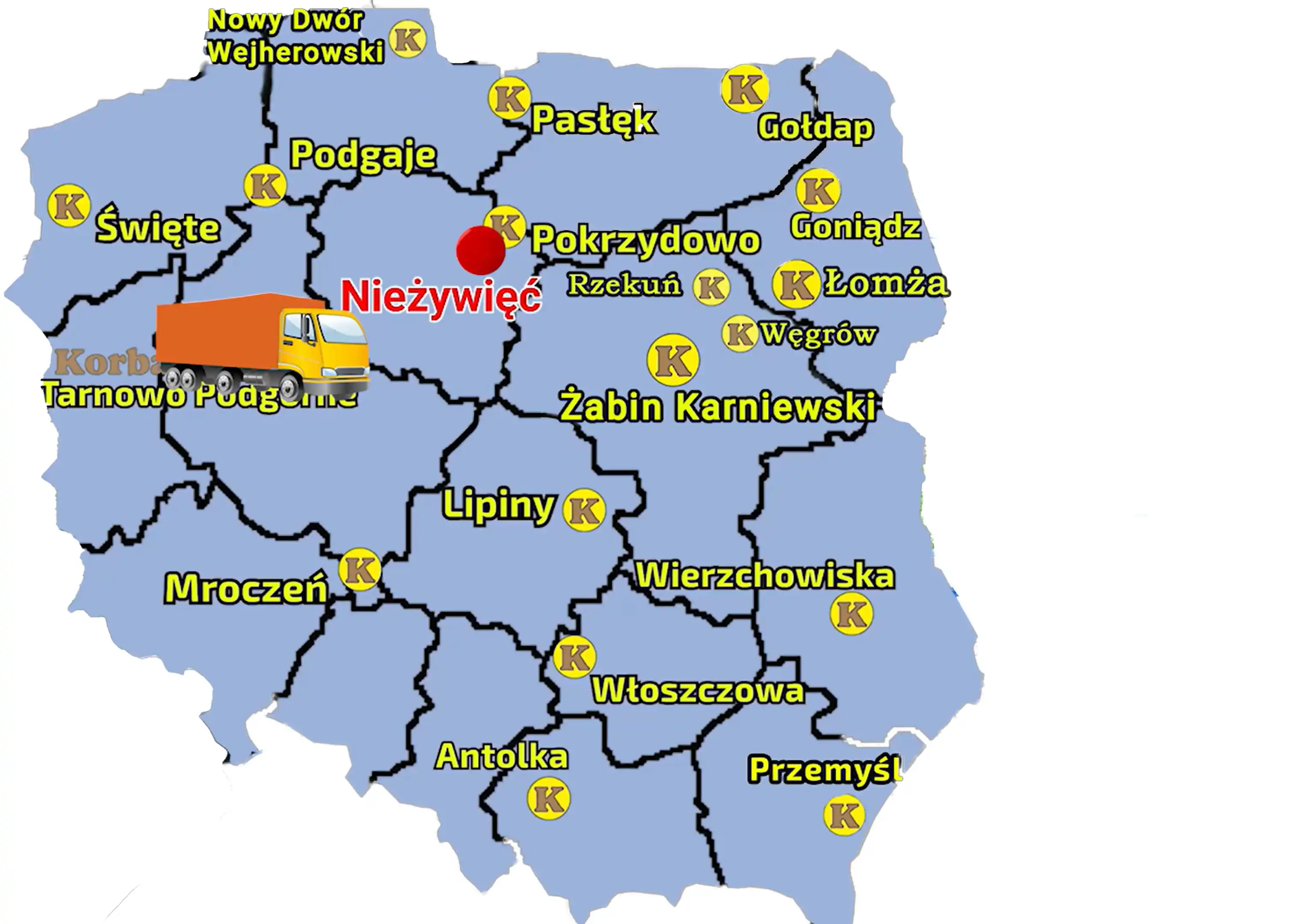 Mapa zawierająca punkty sprzedaży sieci Korbanek na terenie Polski