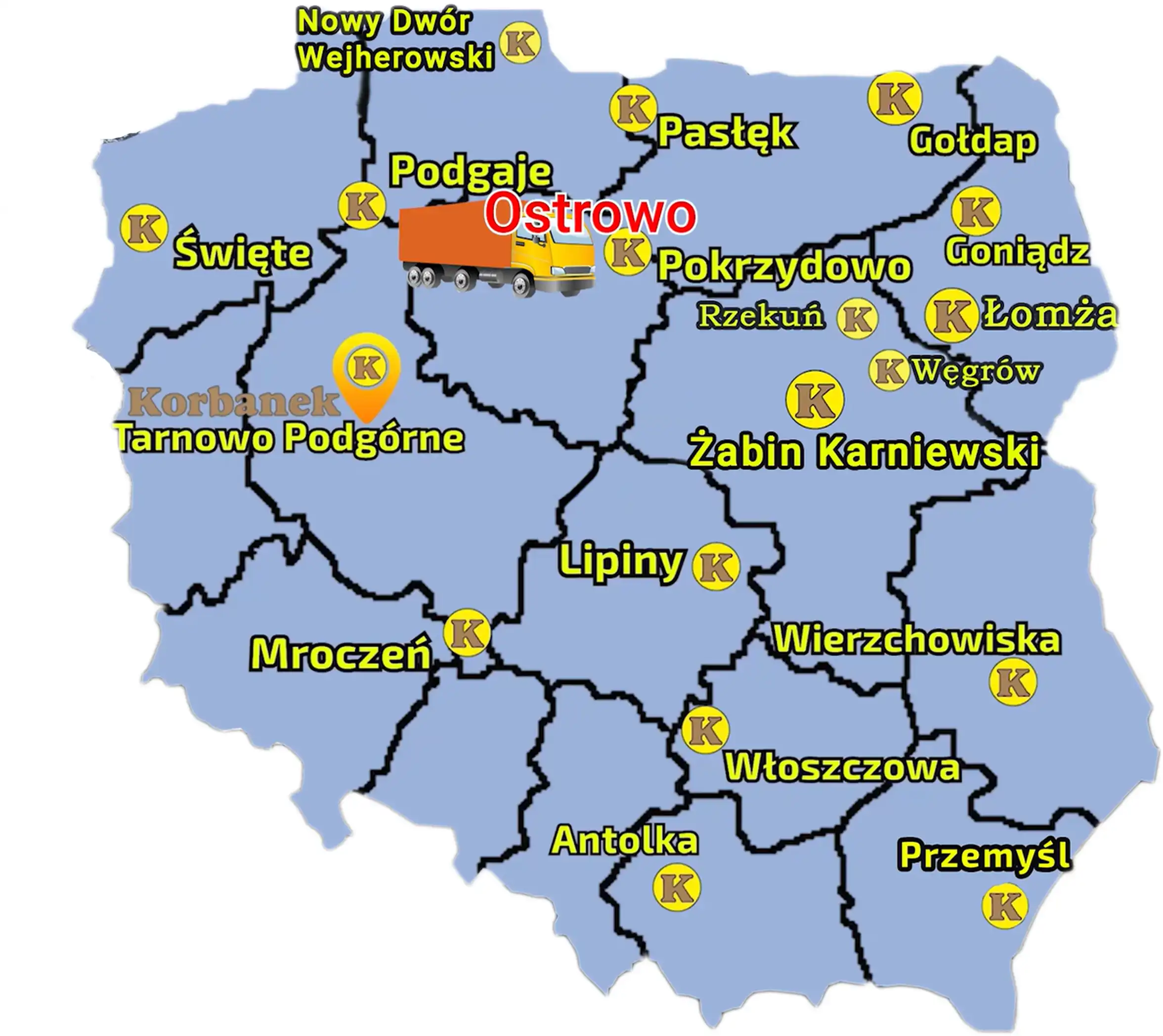Mapa z zaznaczonymi punktami sprzedaży sieci Korbanek