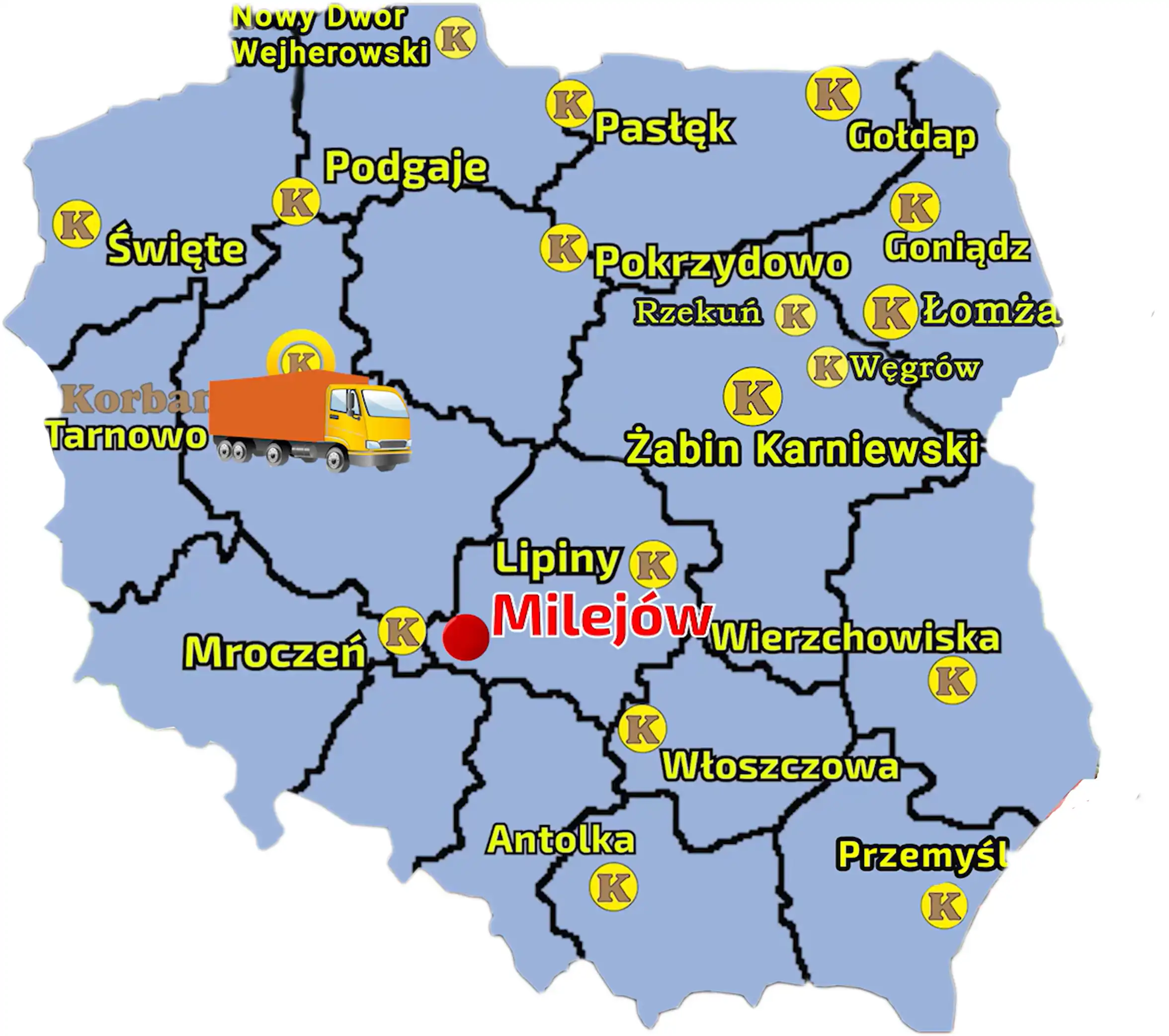 Sieć sprzedaży Korbanek skłąda się z wielu punktów rozmieszczonych na terenie Polski Mapa Polski przedstawijąca punkty sprzedaży sieci Korbanek i miejscowość , gdzie do klientó została dostarczona zgrabiarka SIP