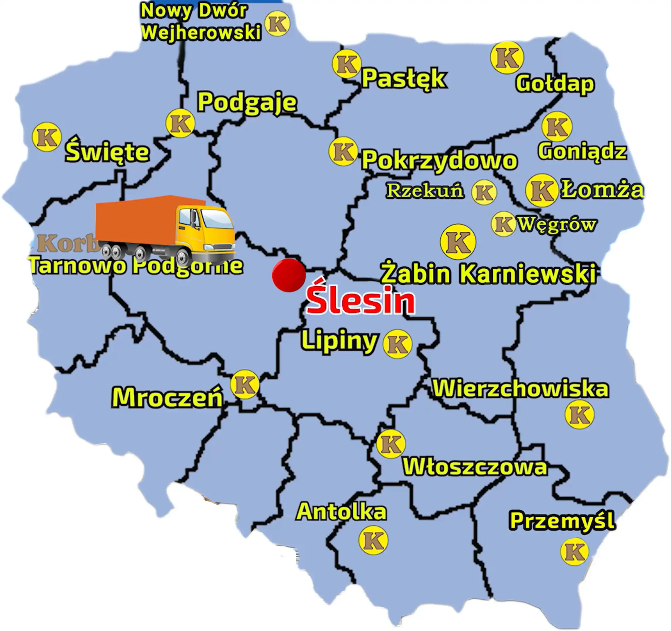 Mapa z zaznaczonymi pkt sprzedaży sieci Korbanek i miejscowością, gdzie został dostarczony Aupax 3055