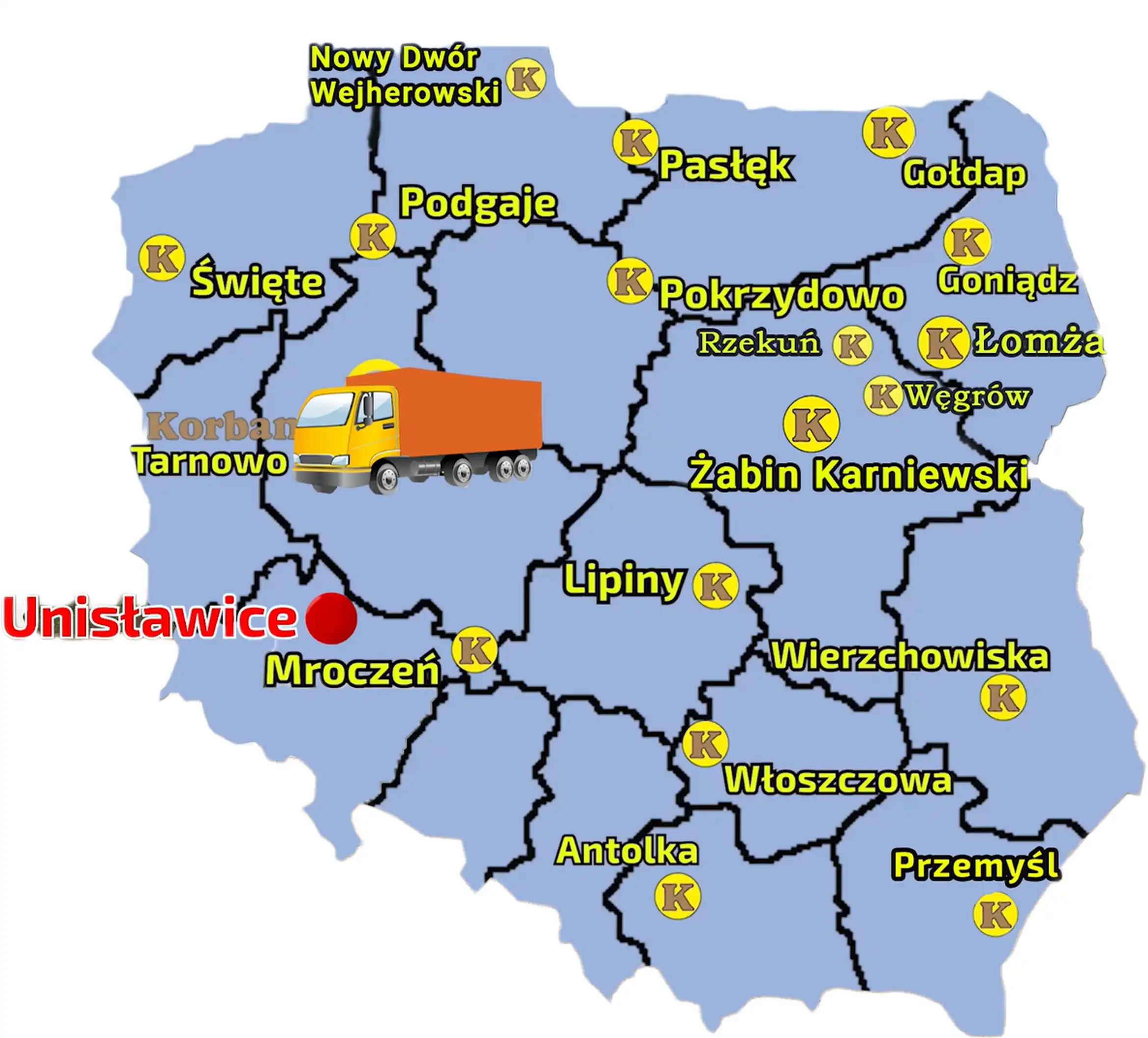 Mapa z zaznaczonymi pkt sprzedaży sieci Korbanek i miejscowością gdzie do Klienta została dostarczona prasa