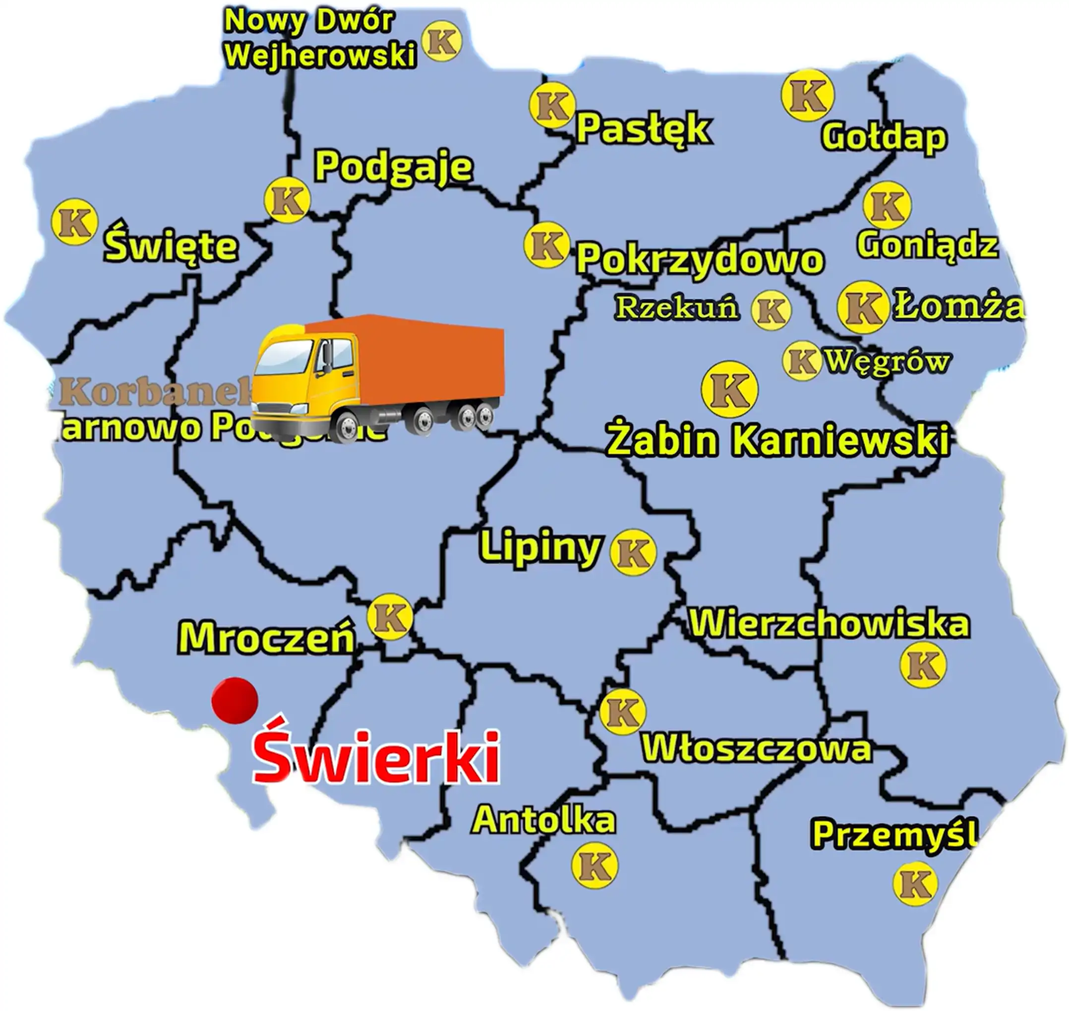 Mapa z zaznaczonymi punktami sprzedaży sieci Korbanek i miejscowością gdzie do Klienta została dostarczona przyczepa