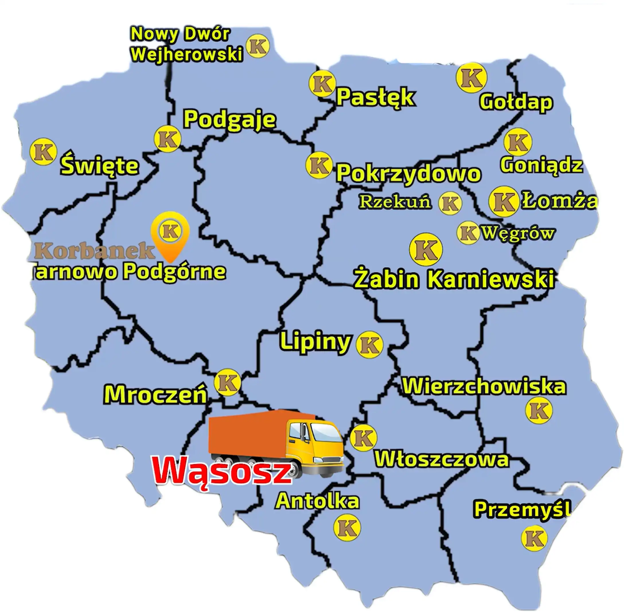 Punkty sprzedaży sieci Korbanek, znajdują się na całym terytorium Polski Mapa z zaznaczonymi pkt sprzedaży sieci Korbanek i miejscowością, gdzie do Klienta została dostarczona koparka Lovol