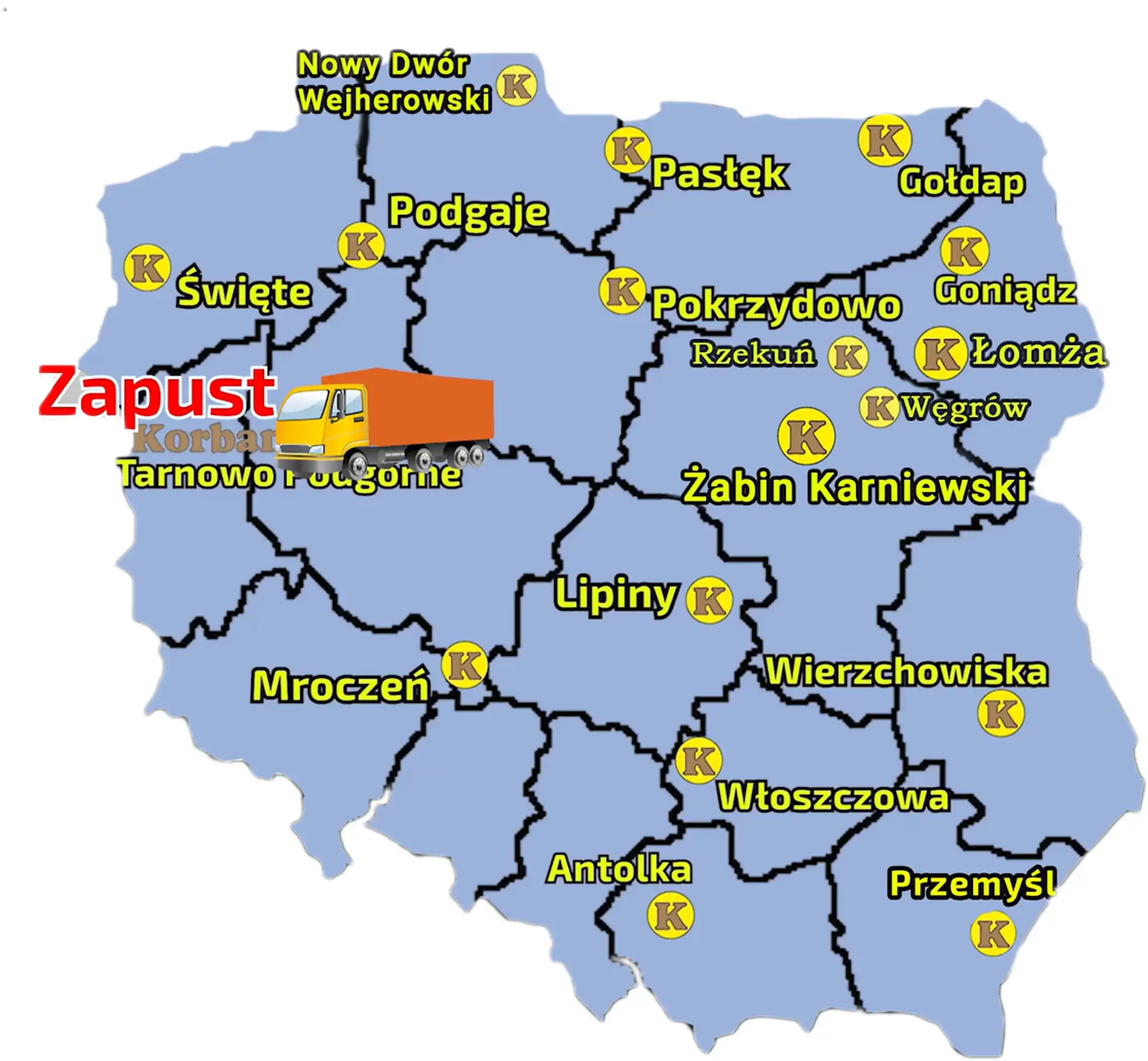 Sieć KOrbanek składa się z wielu punktow gdzie odbywa się sprzedaż i serwis maszyn, tak aby być blisko Klienta Mapa zawierająca punkty sprzedaży sieci Korbanek i zaznaczoną miejscowość, gdzie do Klienta zostały dostarczone maszyny