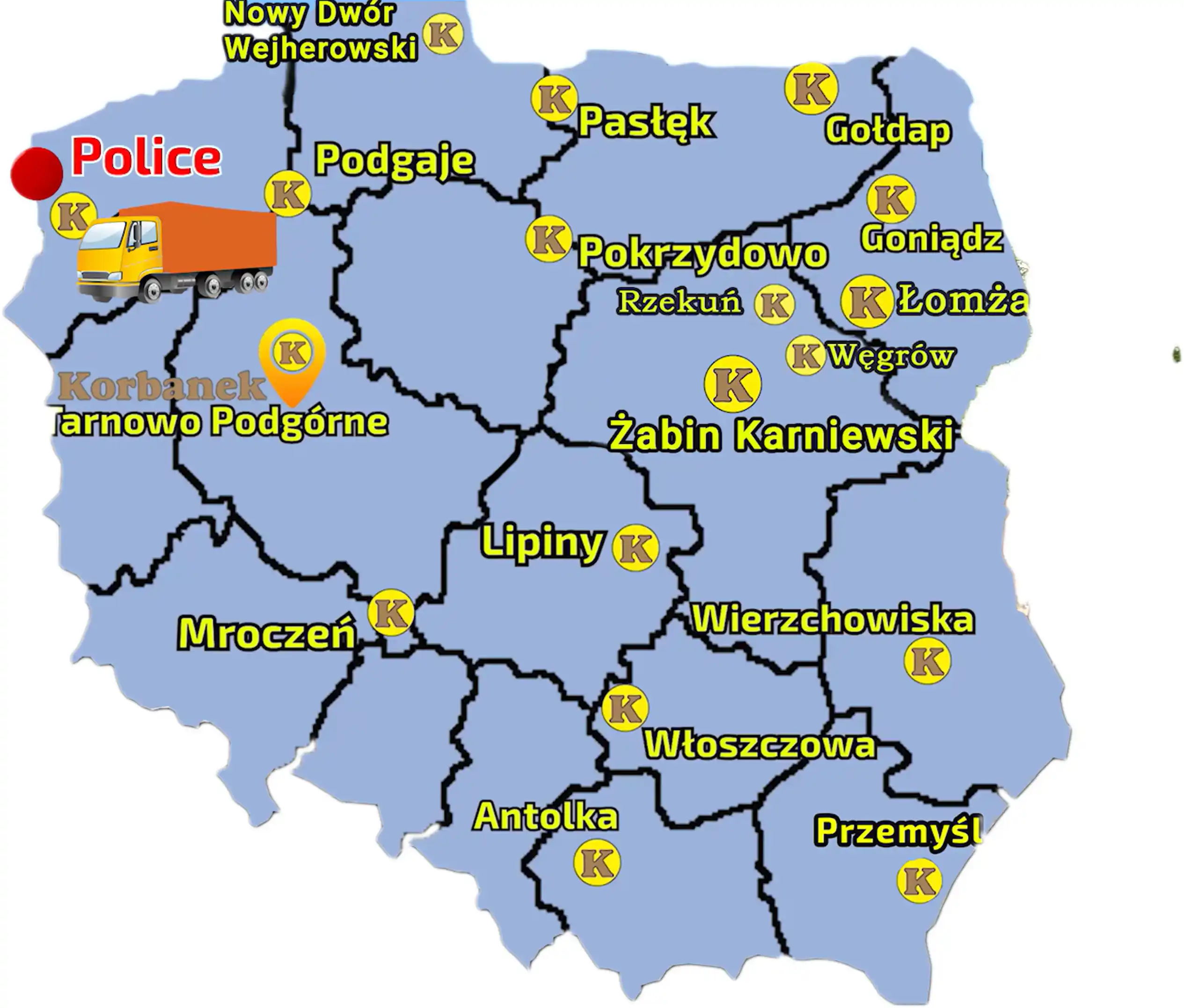 Punkty sprzedaży firmy Korbanek znajdują się na terytorium całej Polski Mapa Polski z zaznaczonymi punktami sprzedaży sieci Korbanek